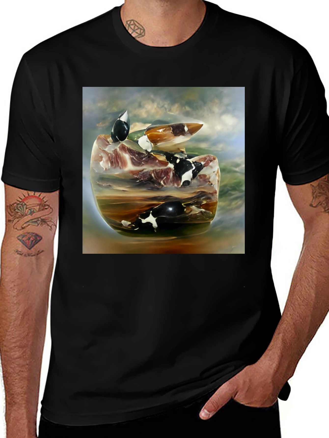 Variant 30 of Surreal Cow Art Graphic Black Tee Shirt