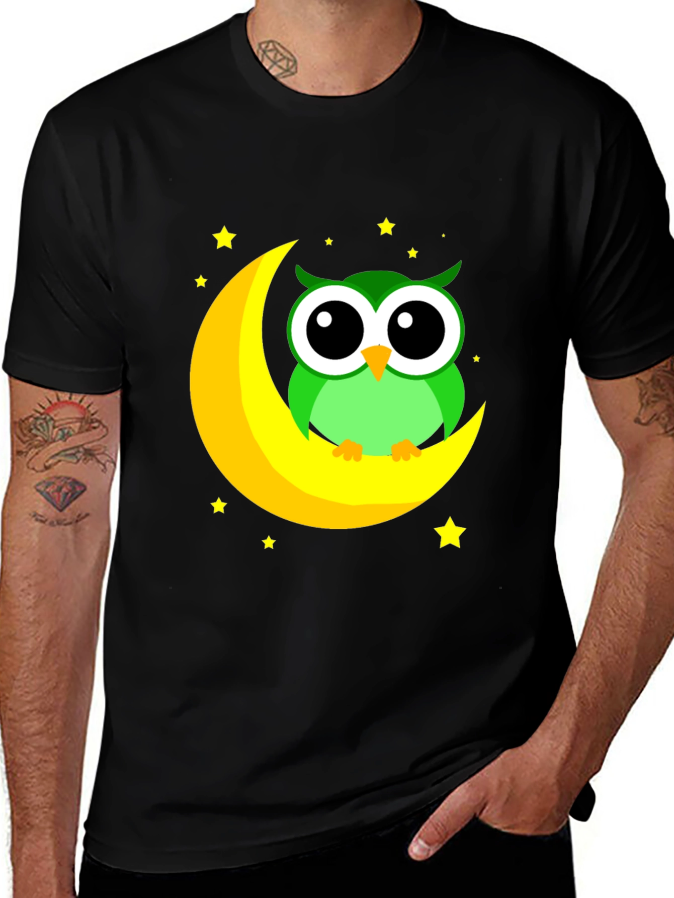 Variant 27 of Owl on Moon Graphic Tee - Black Cotton Blend
