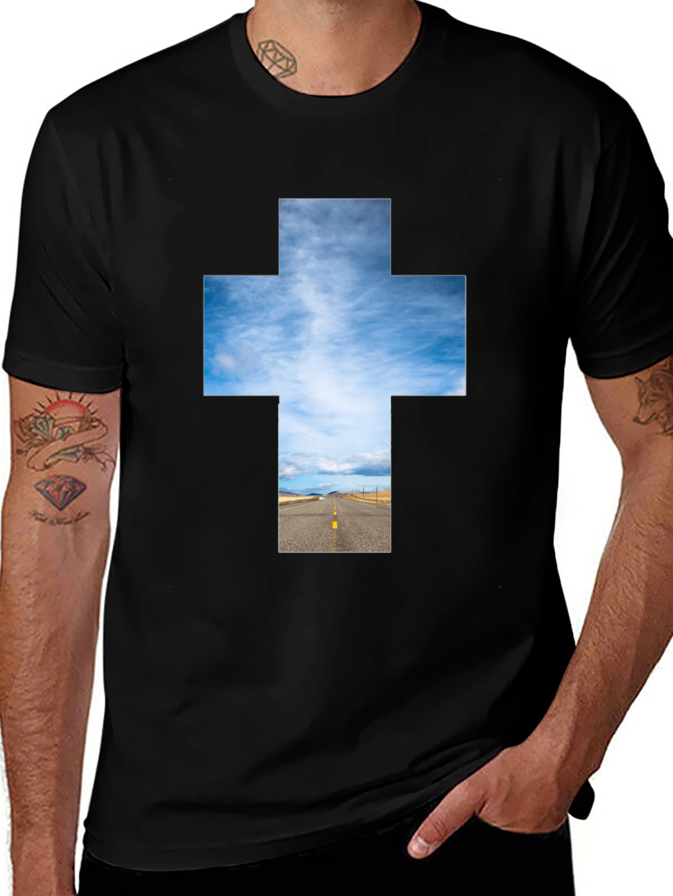 Variant 19 of Sky Road Cross Graphic Tee - Unisex Black T-Shirt