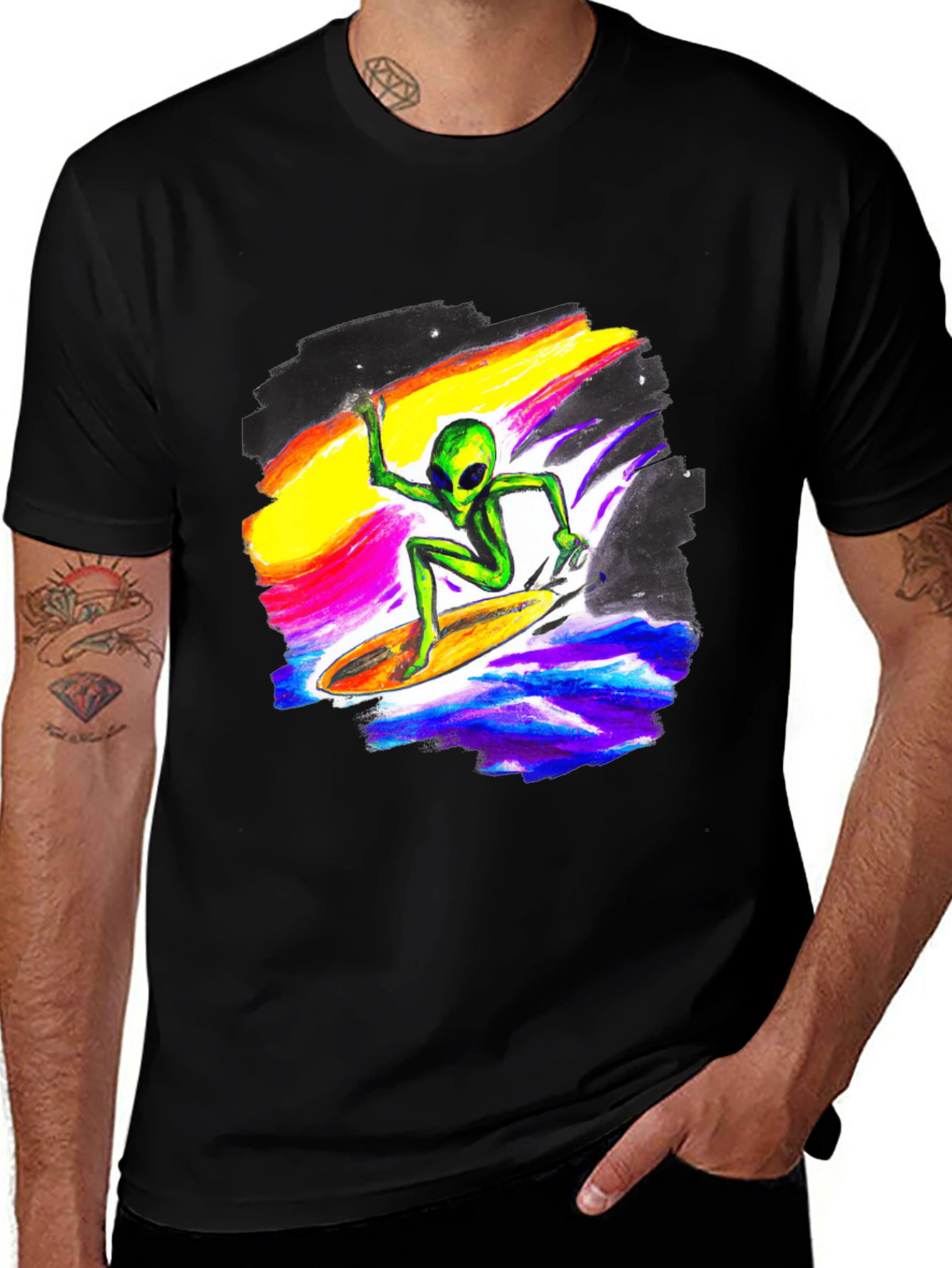 Variant 22 of Alien Surfing T-Shirt - Black Crew Neck Tee
