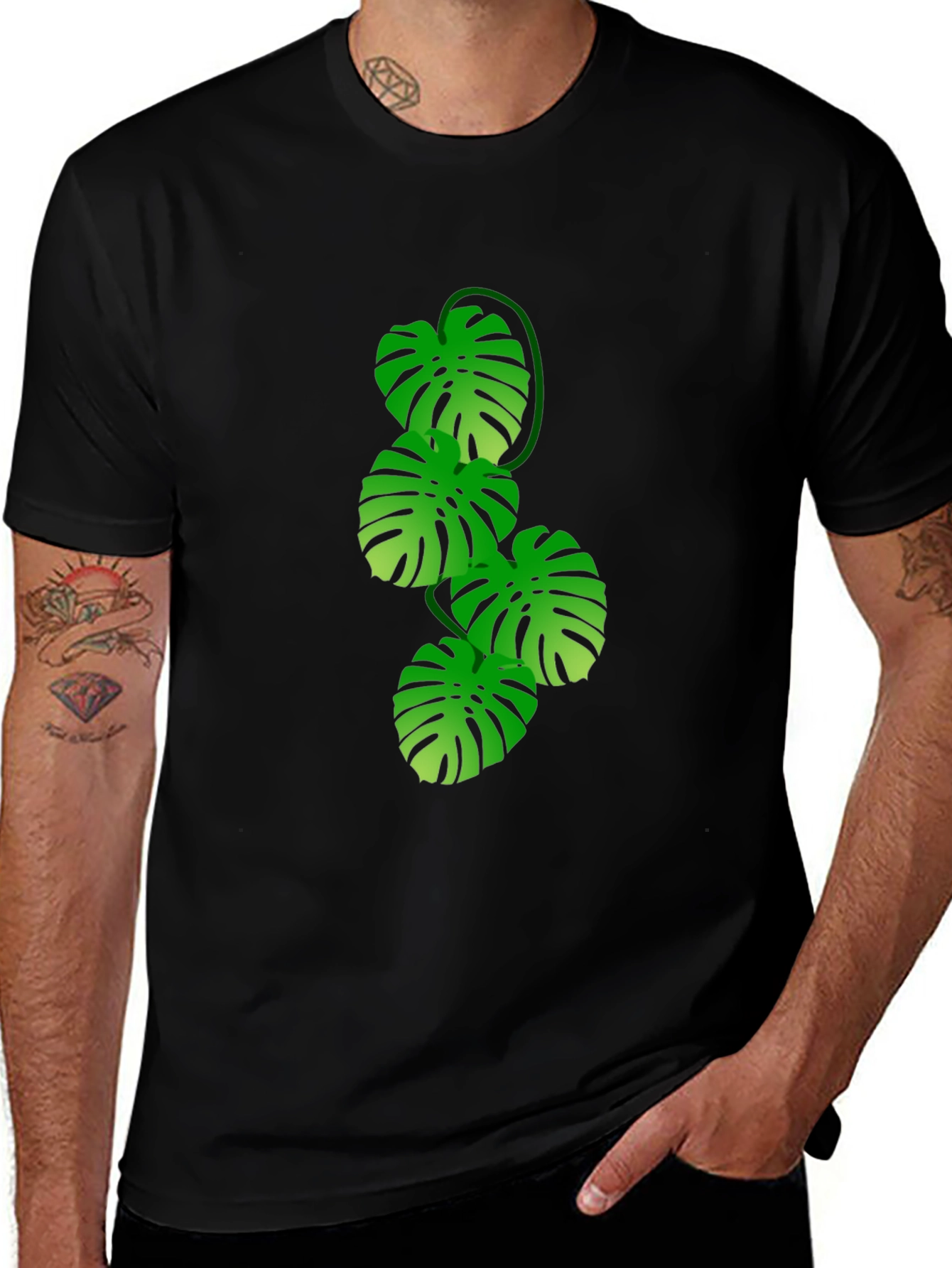 Variant 5 of Monstera Leaf Print Black T-Shirt
