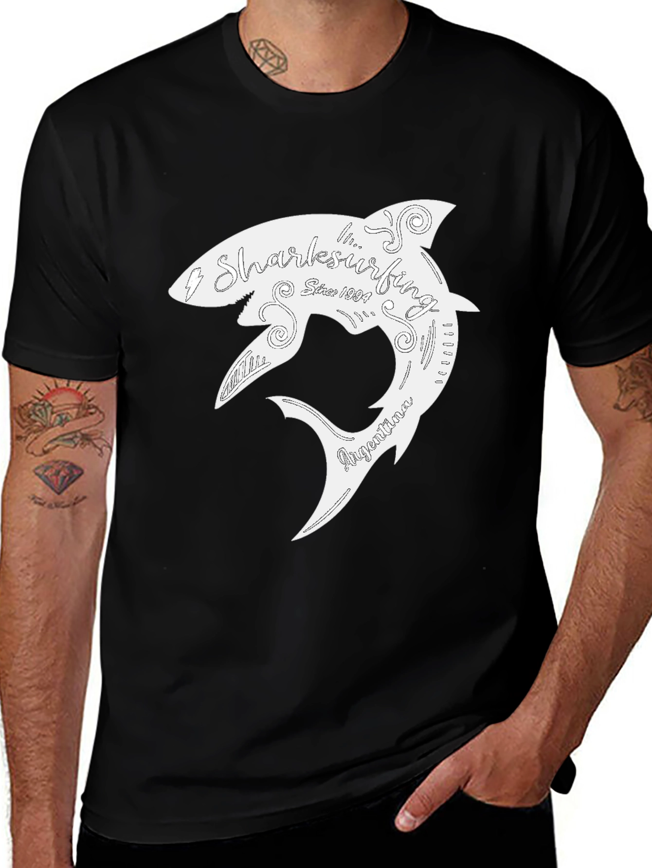 Shark Surfing T-Shirt - Black Cotton Graphic Tee