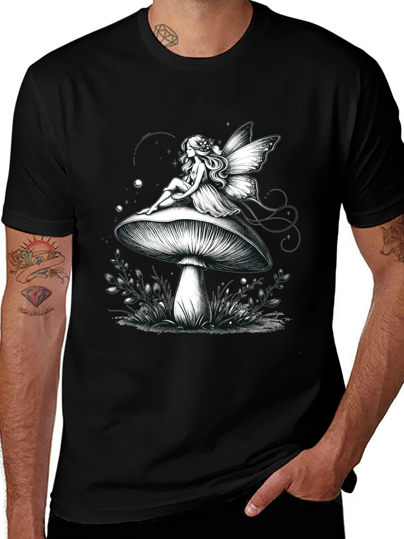 Variant 25 of Fairy on Mushroom Graphic Tee - Whimsical Black T-Shirt