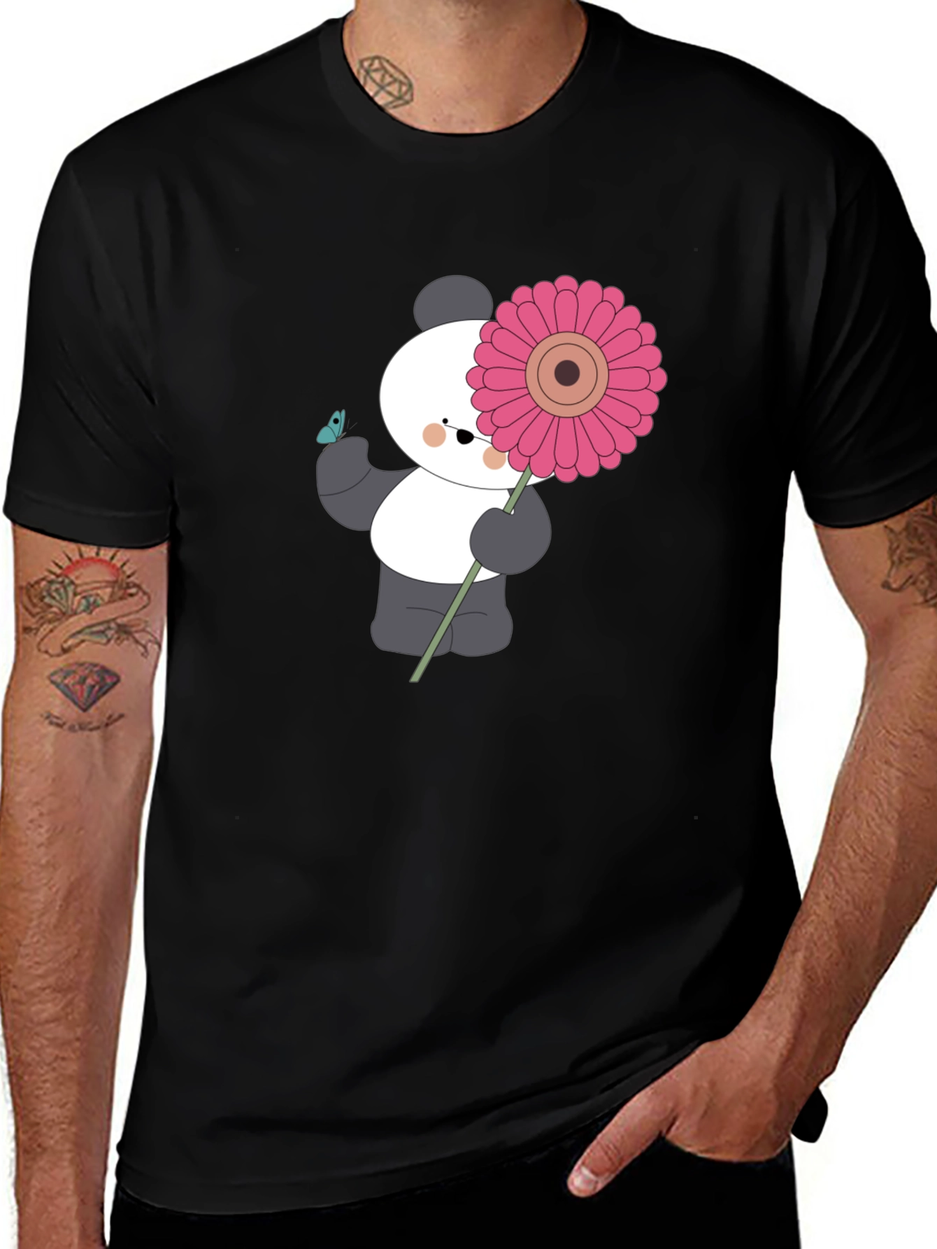 Variant 20 of Panda with Flower Graphic Black T-Shirt