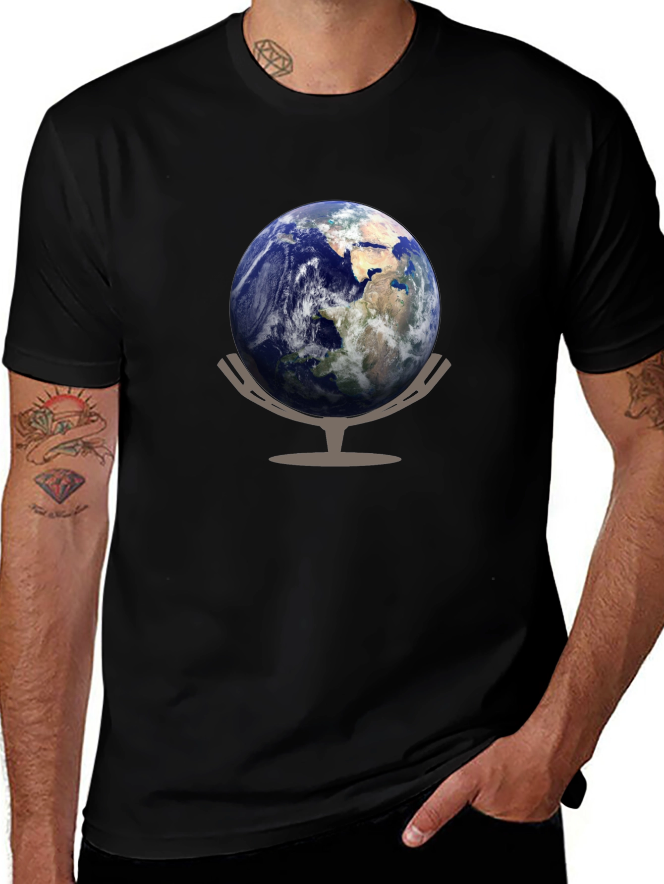 Earth Globe Graphic Tee - Black Cotton Casual T-Shirt