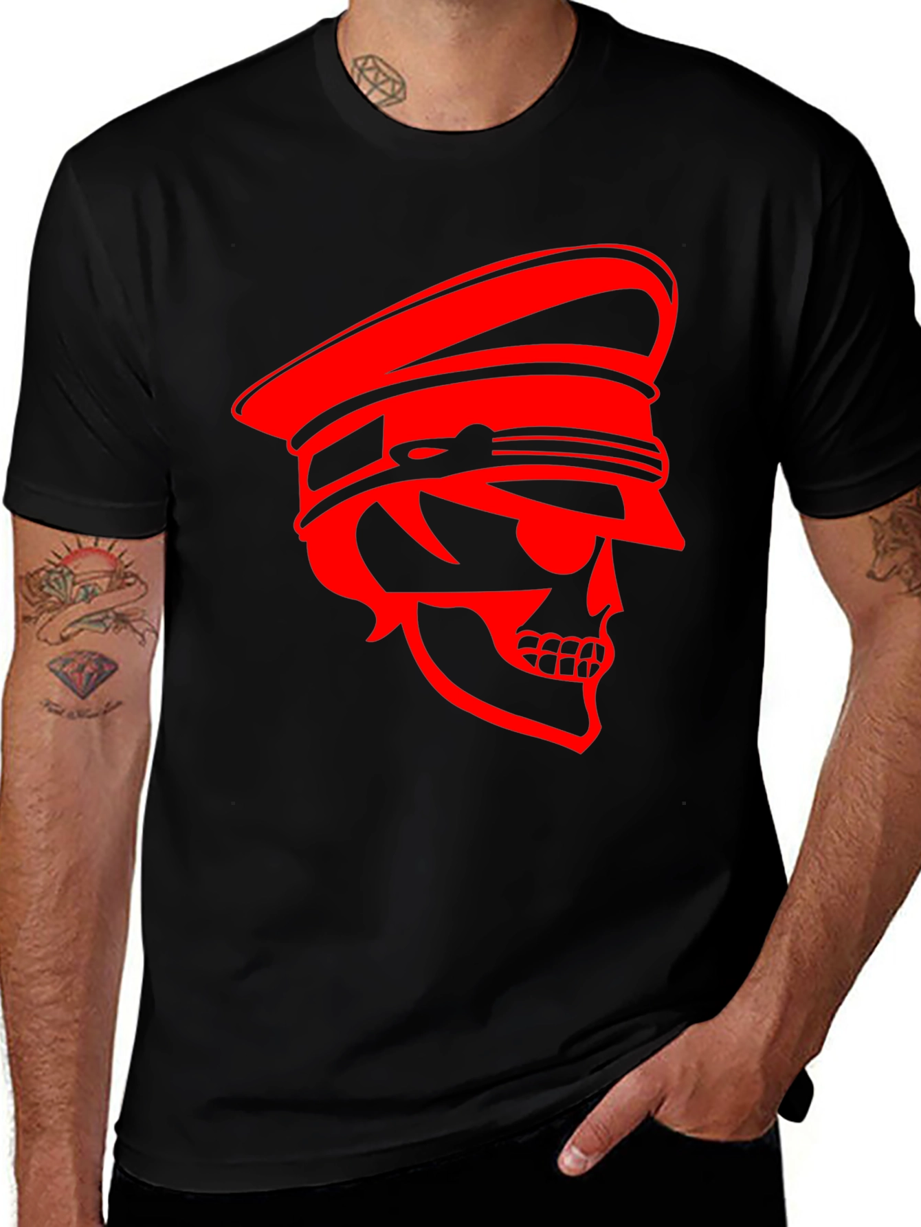 Black Skull Captain Graphic Tee - Bold Red Design on Black Cotton main image