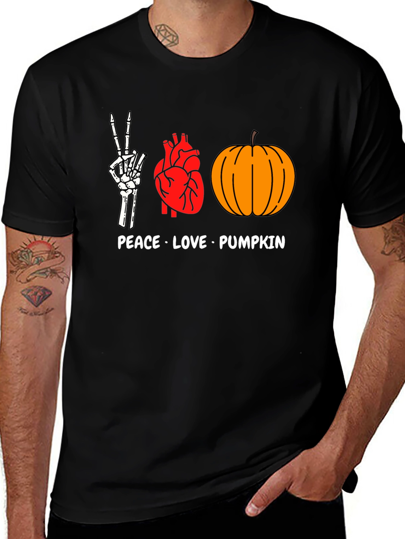 Variant 15 of Peace Love Pumpkin T-Shirt - Halloween Skeleton Heart