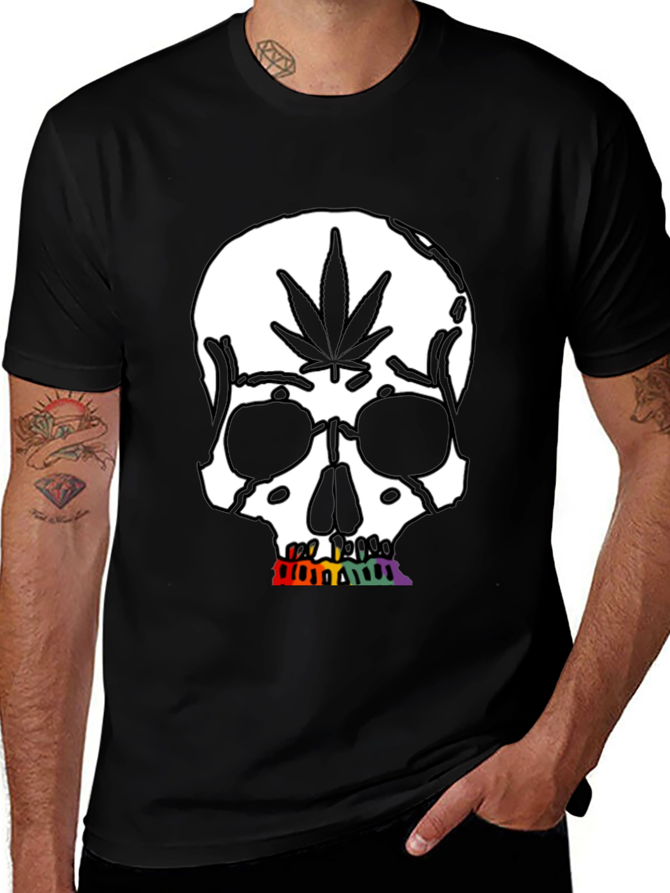 Variant 6 of Skull with Cannabis Leaf Graphic Tee - Black