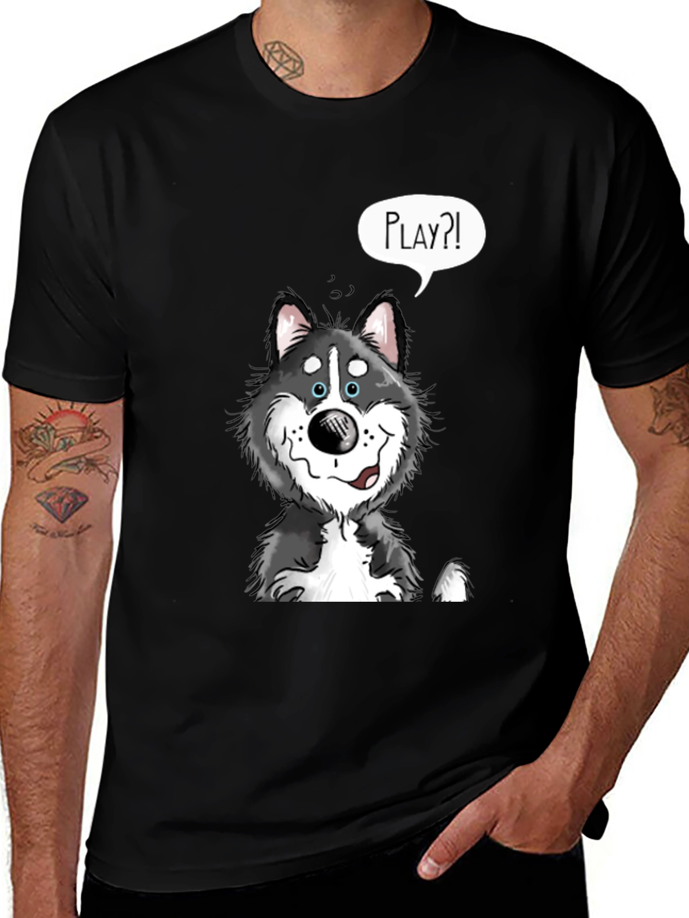Variant 24 of Playful Husky Graphic Tee - Black Cotton Shirt