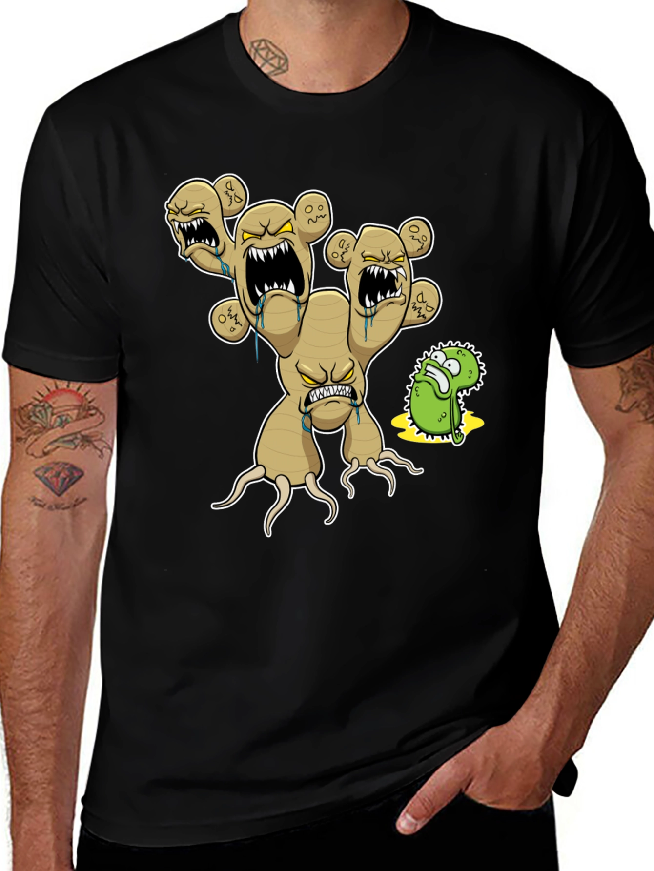 Variant 2 of Men's Black T-Shirt with Cartoon Ginger Root Graphic