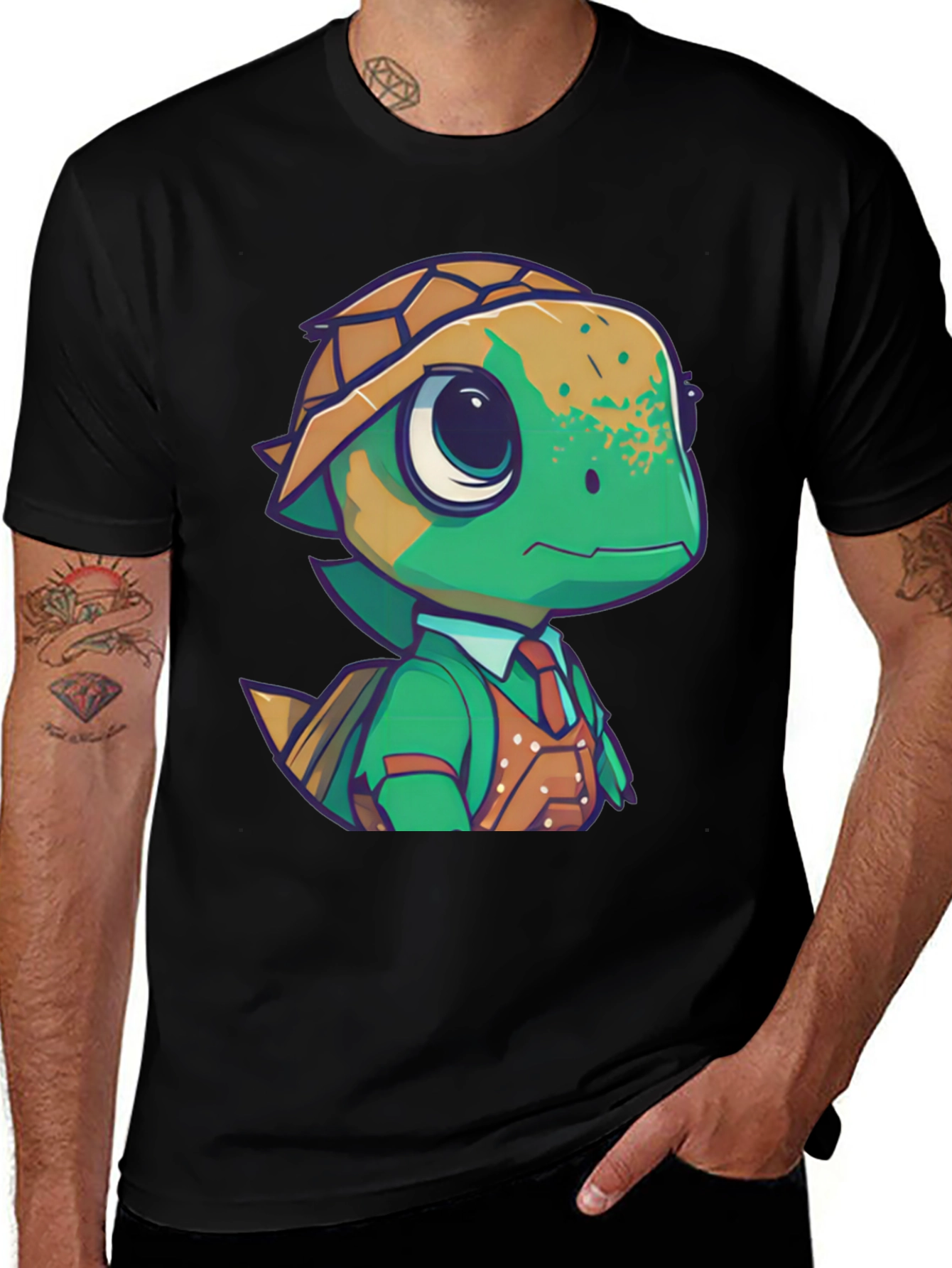 Cartoon Turtle in Suit Black T-Shirt