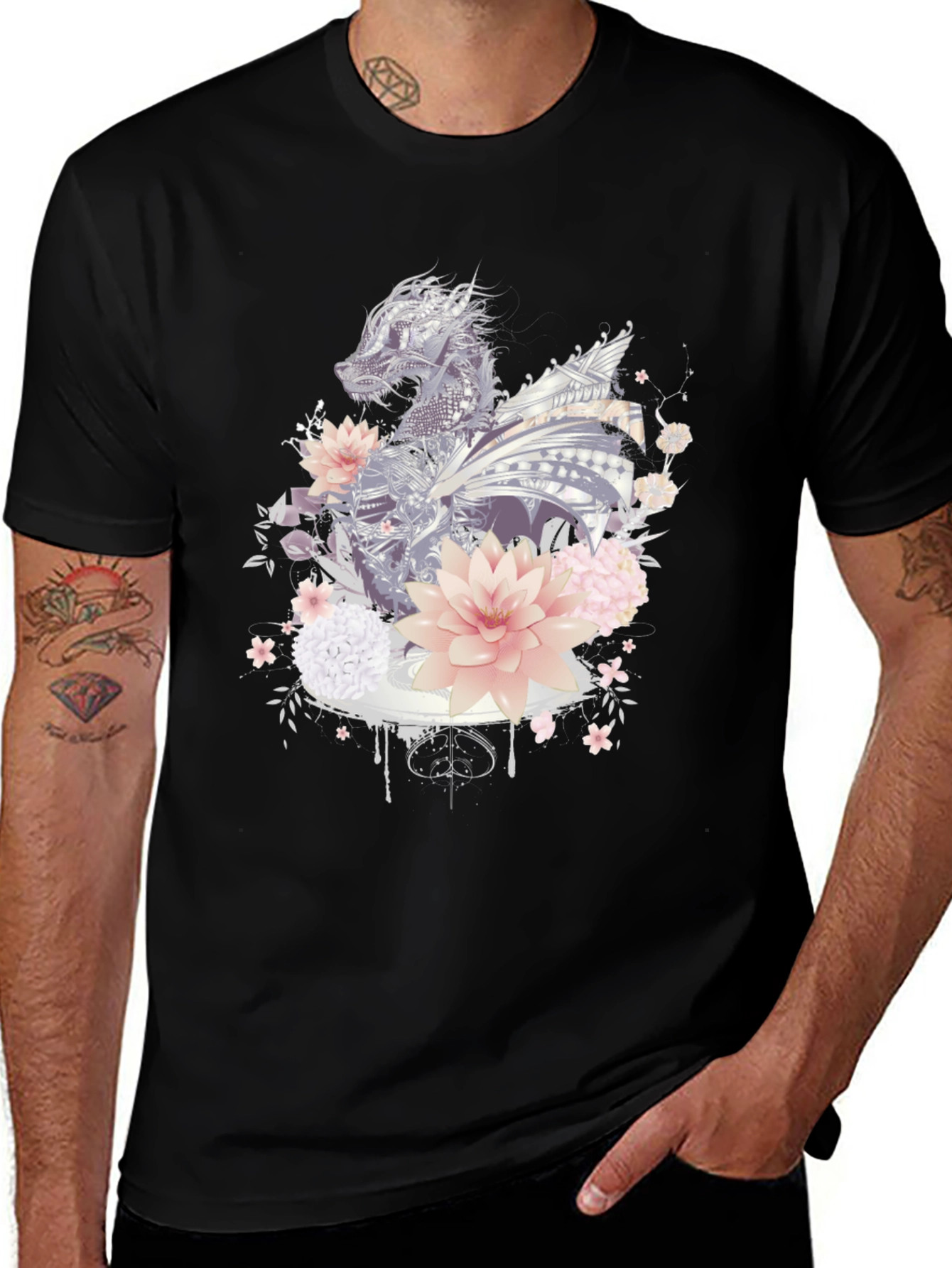 Variant 23 of Dragon & Floral Graphic Tee - Unique Design