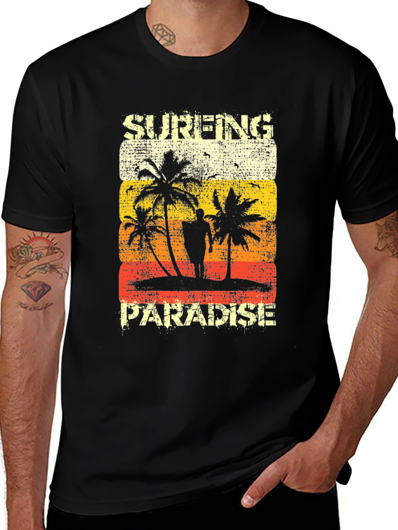 Variant 10 of Surfing Paradise Graphic Tee - Distressed Beach Design