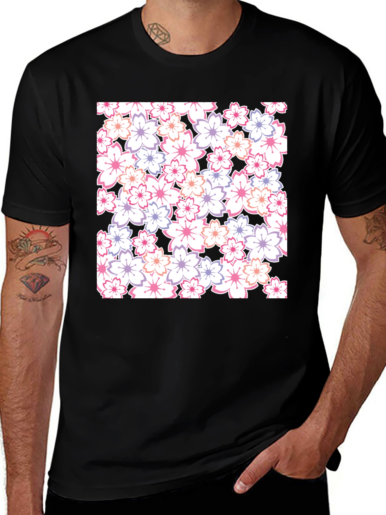 Variant 5 of Floral Print Crew Neck T-Shirt - Black