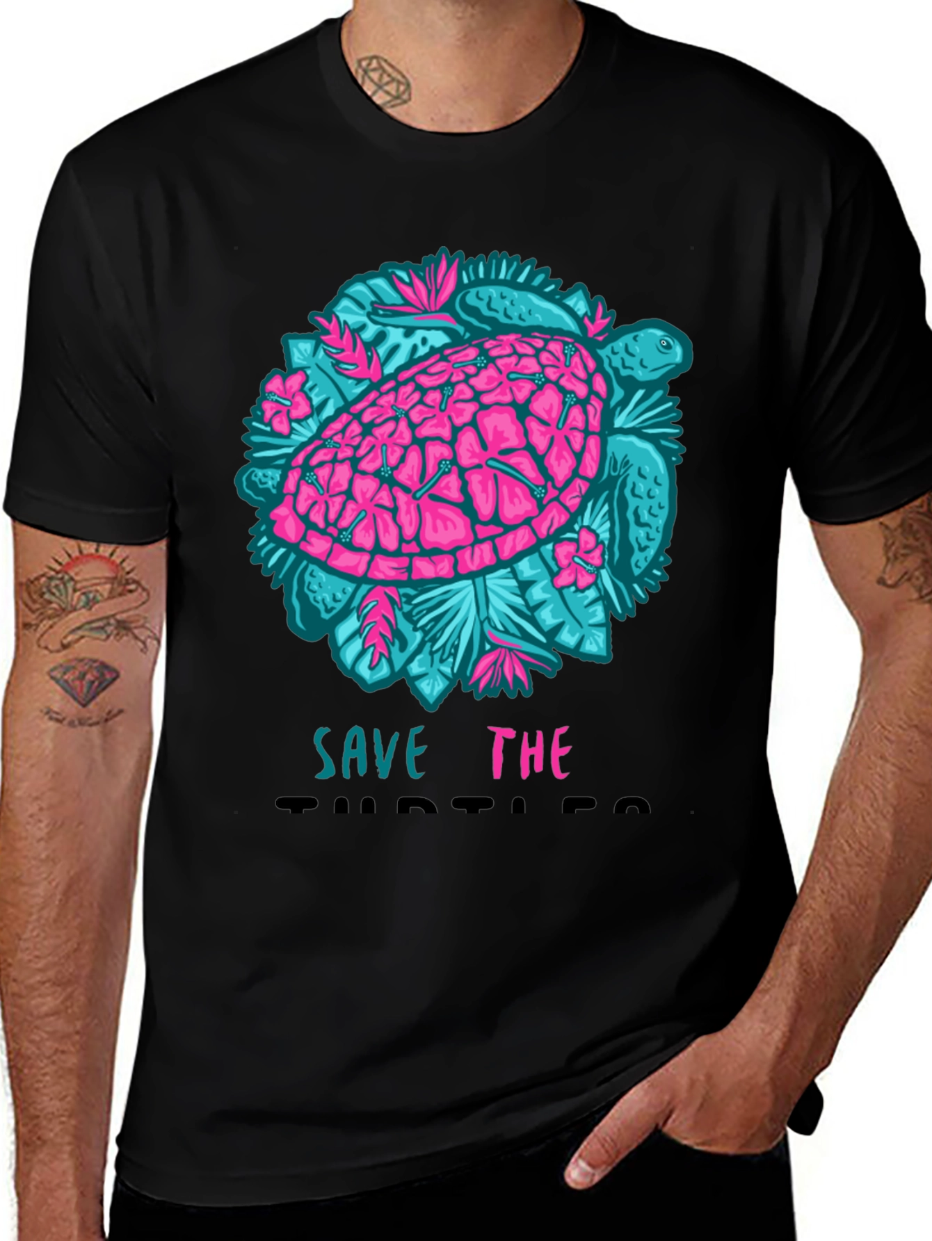 Variant 12 of Save the Turtles Graphic Tee - Black Cotton T-Shirt