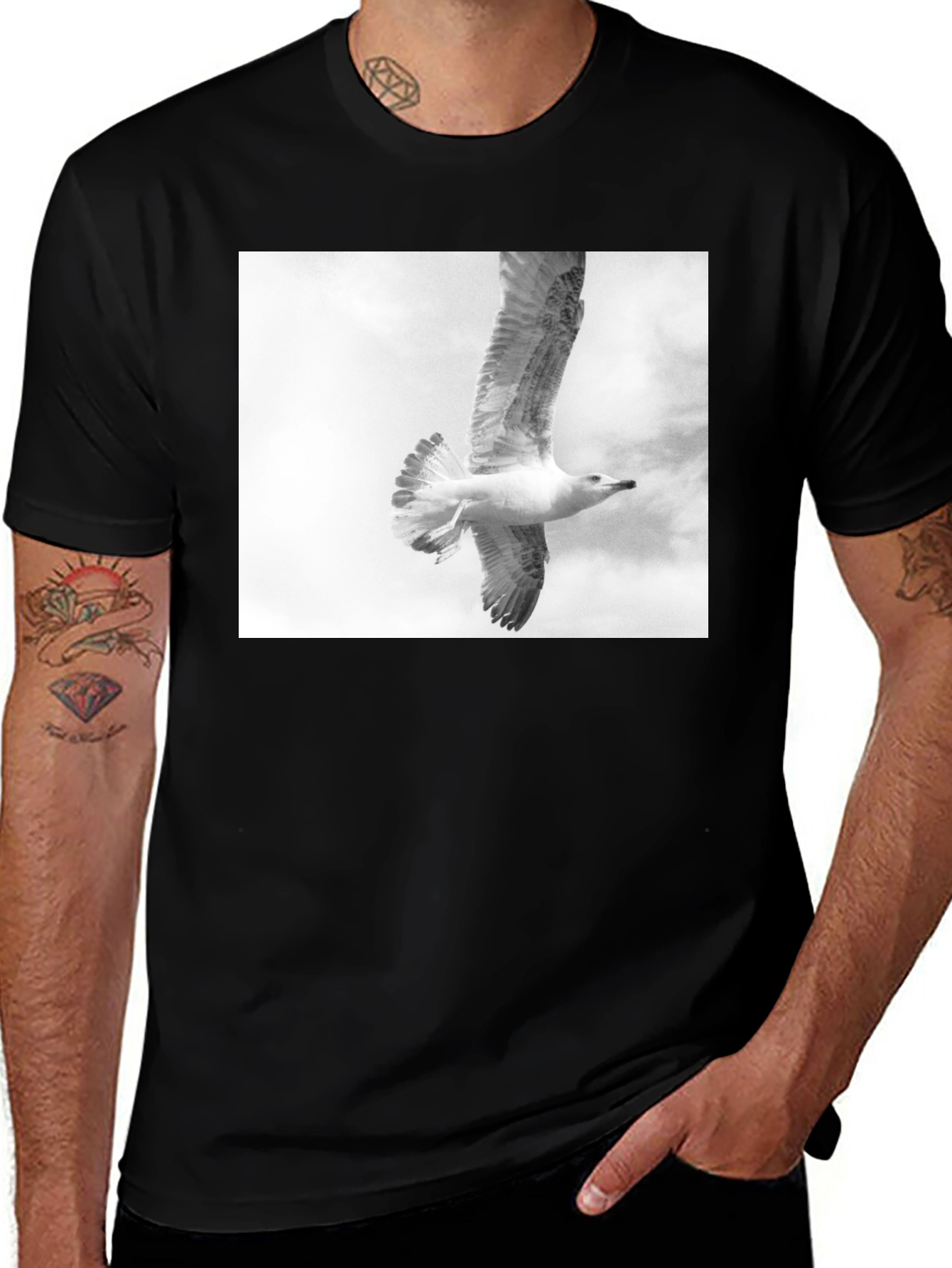 Black T-Shirt with Seagull Graphic