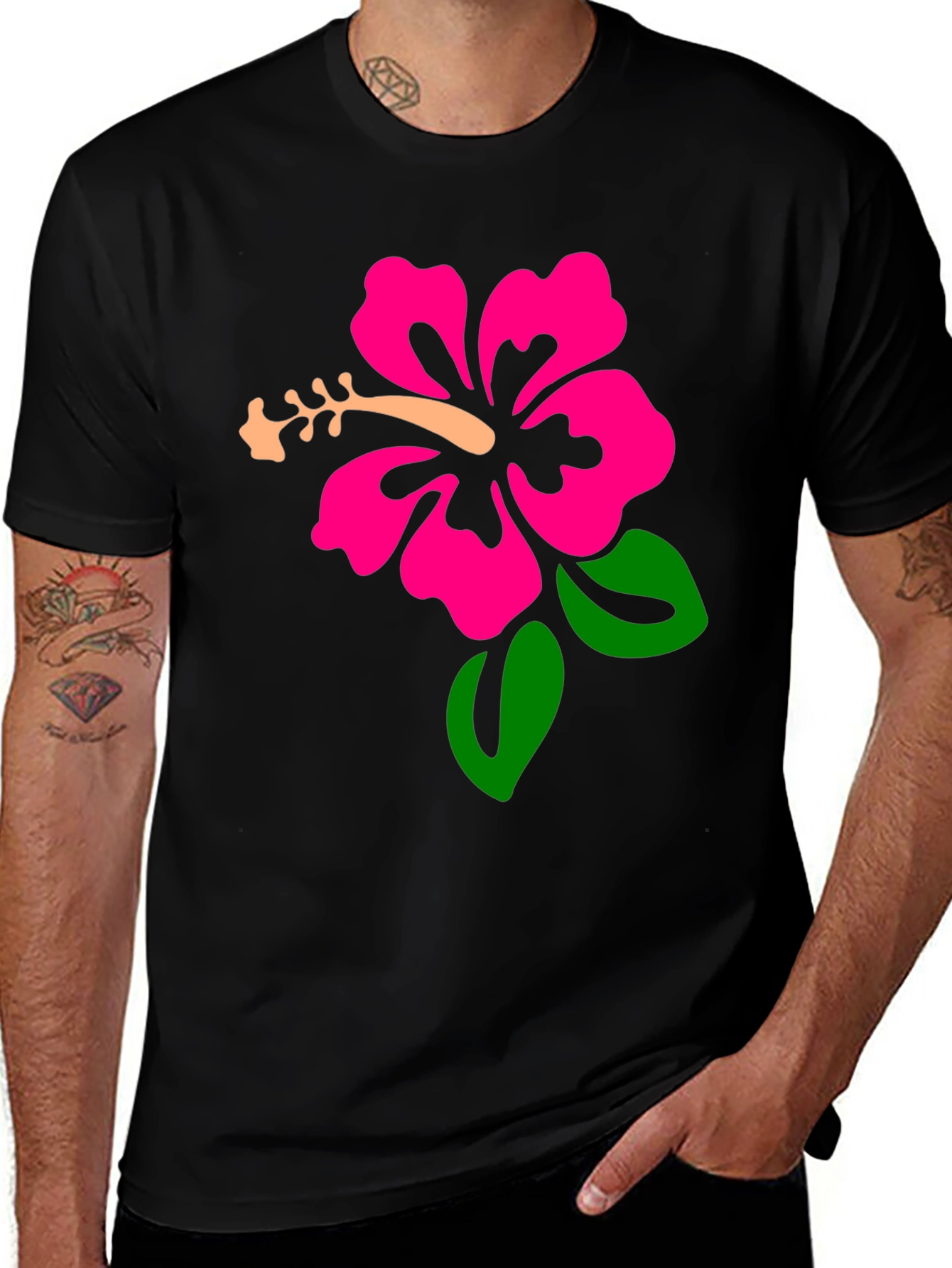Black Black T-Shirt with Hibiscus Flower Graphic main image