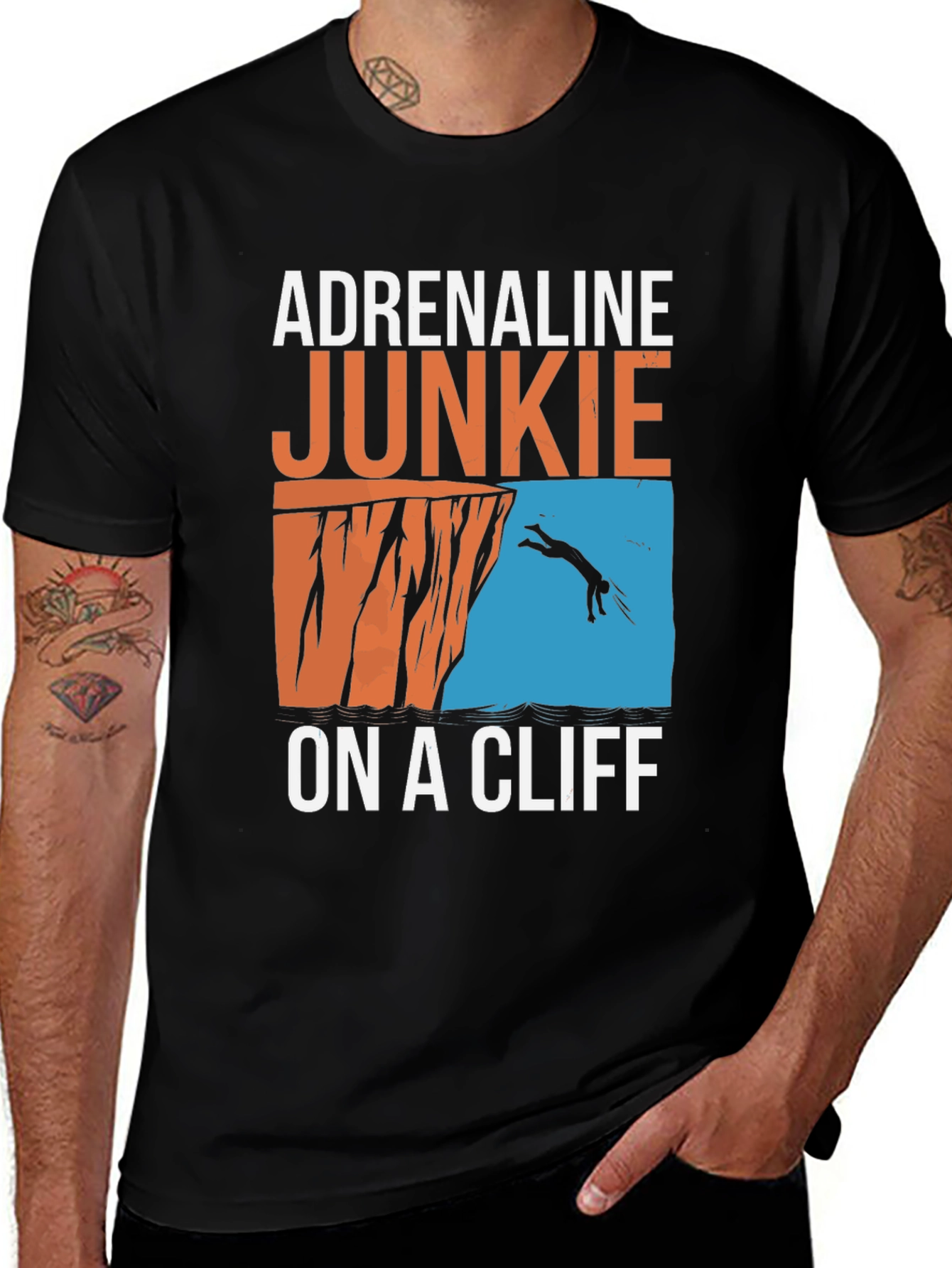 Variant 28 of Adrenaline Junkie On A Cliff T-Shirt - Black
