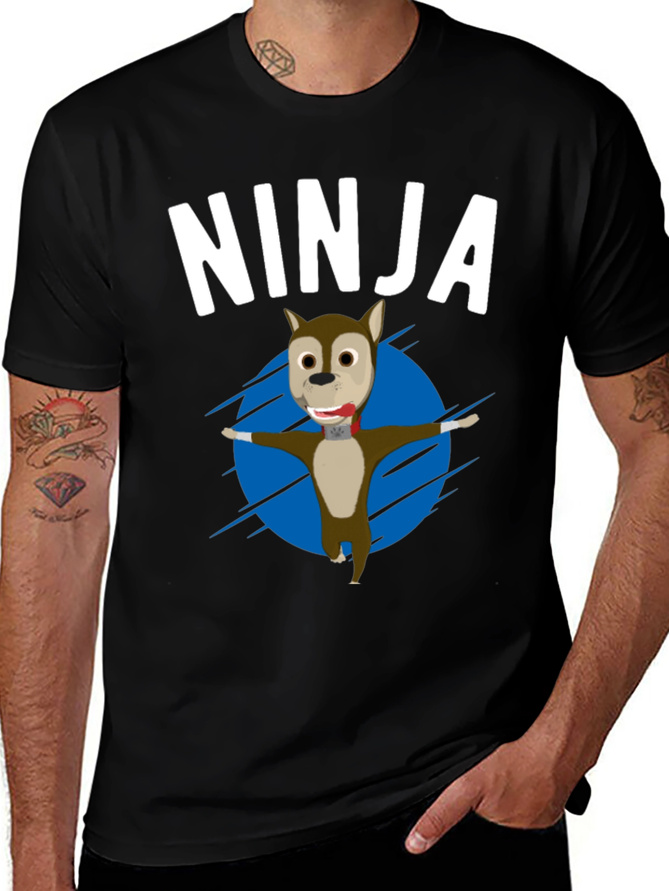 Ninja Dog Cartoon Graphic T-Shirt, Mens Black Tee