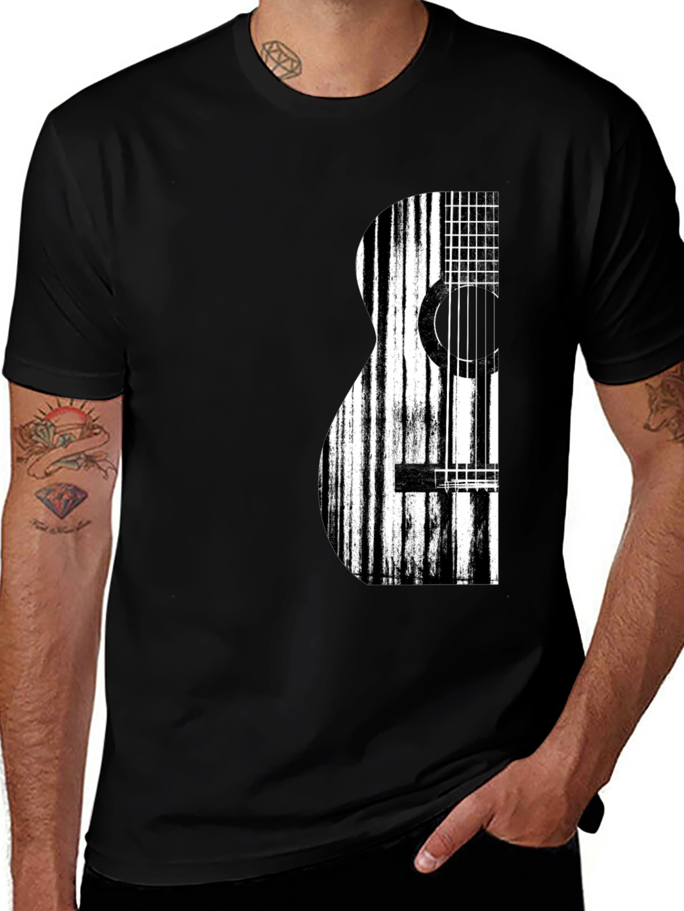 Acoustic Guitar Graphic Print Black T-Shirt