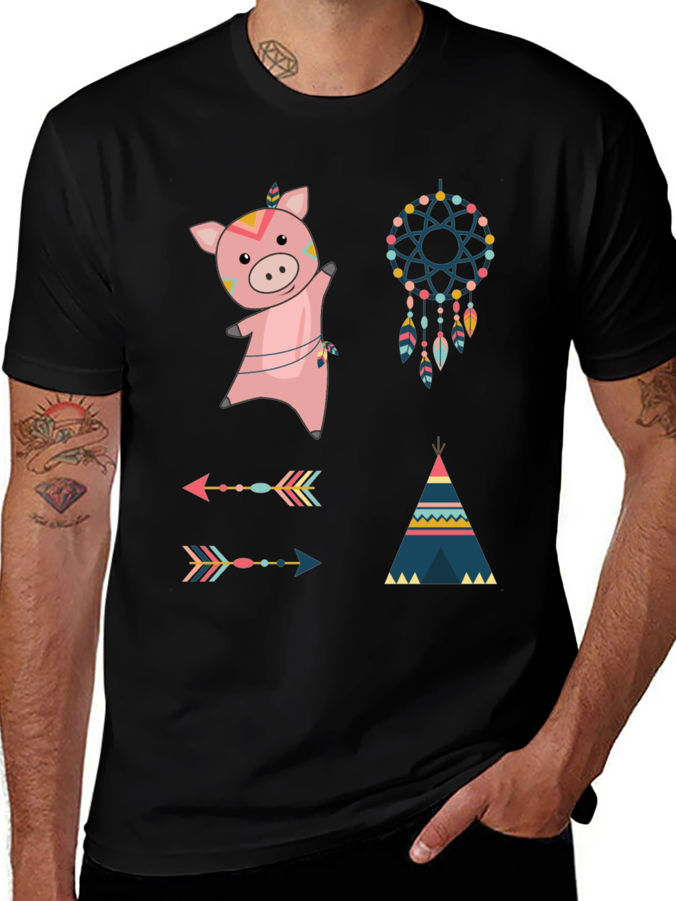 Variant 22 of Whimsical Tribal Pig Graphic Tee - Black Cotton Blend