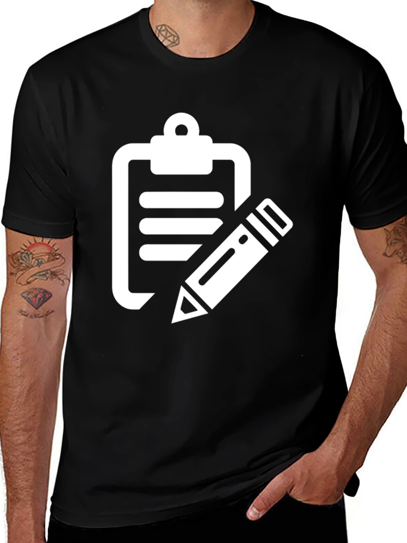 Black T-Shirt with Clipboard and Pencil Graphic