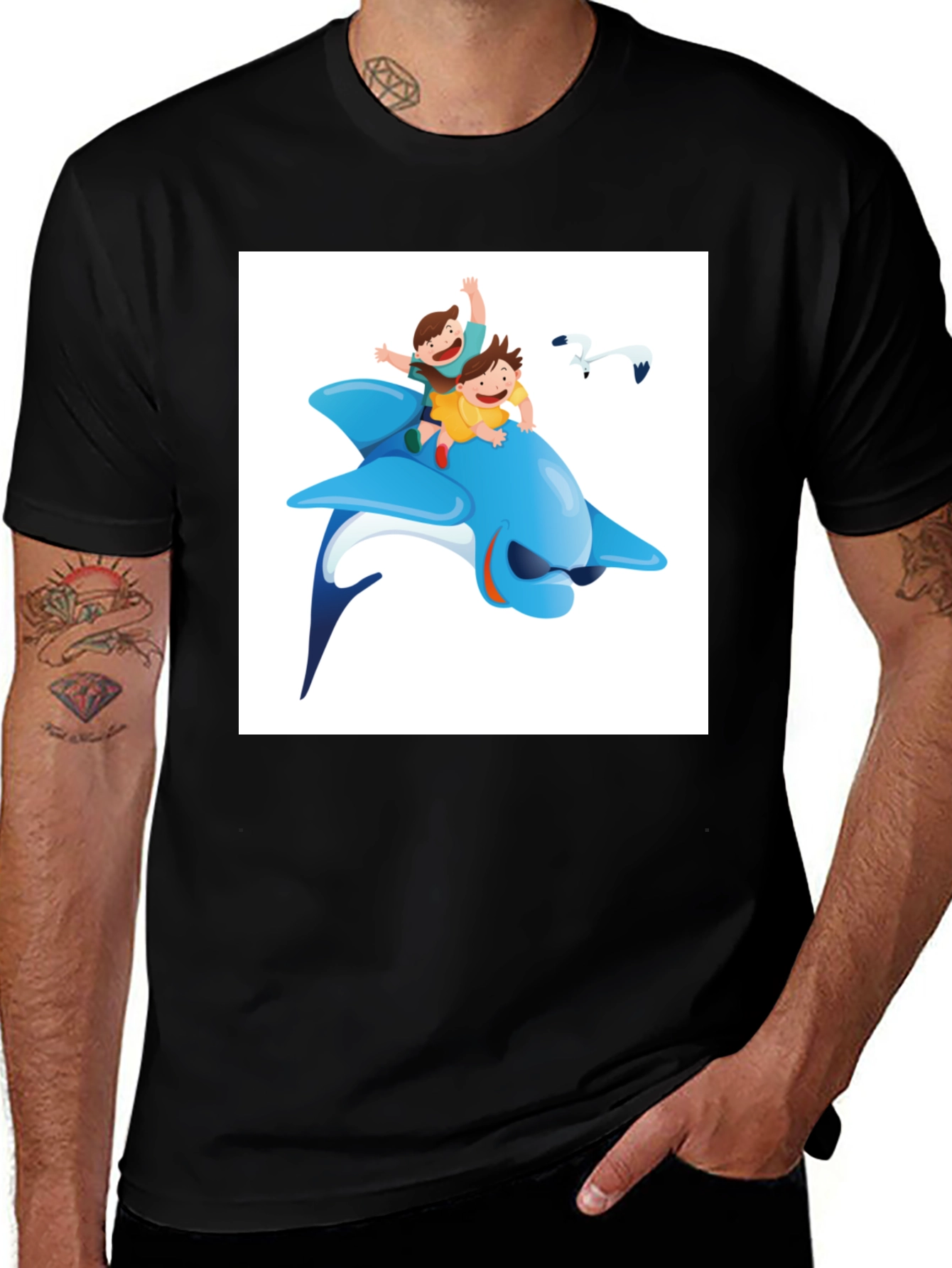 Variant 25 of Cartoon Dolphin Ride Black T-Shirt