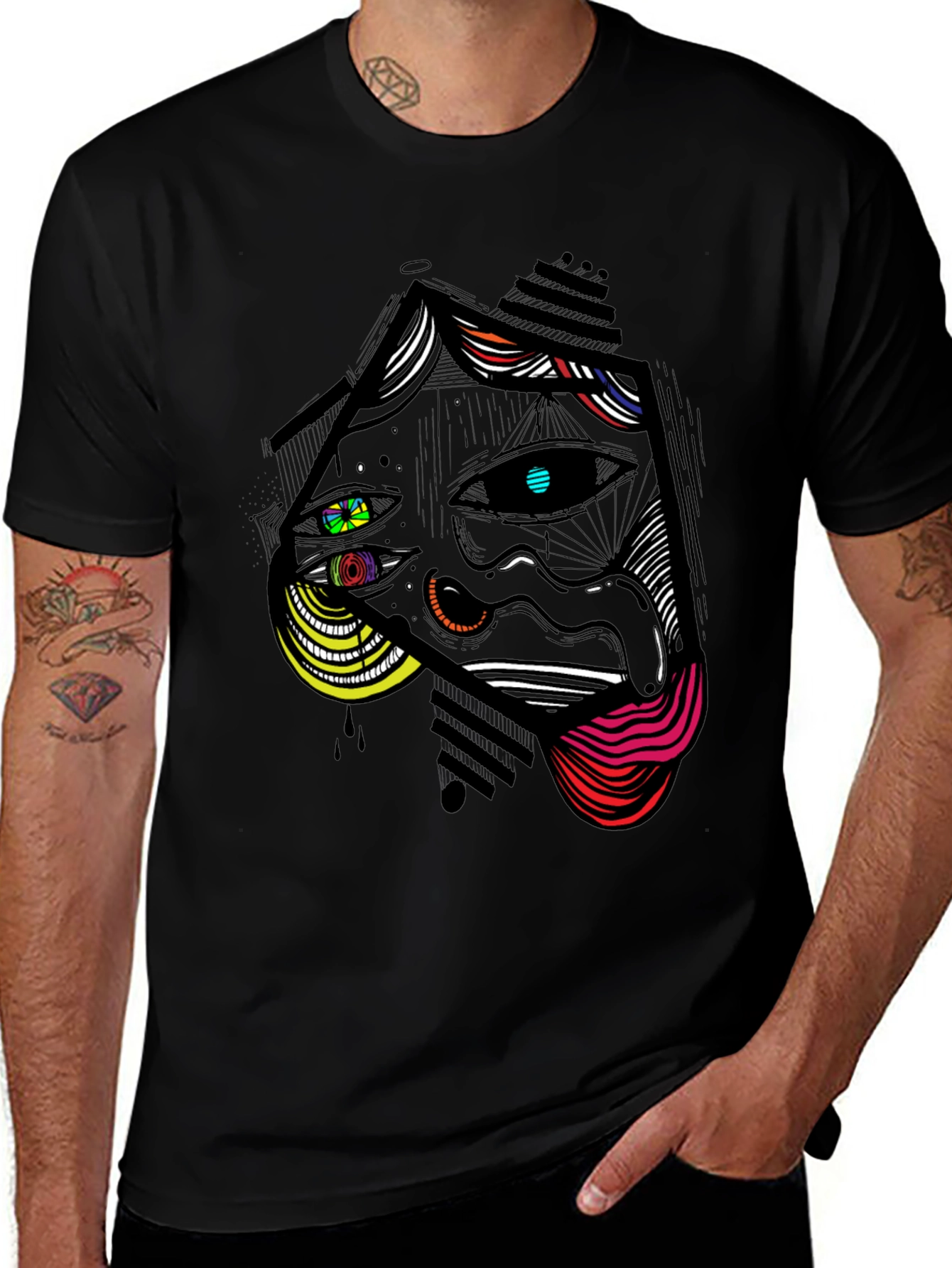 Abstract Face Graphic Print Black T-Shirt