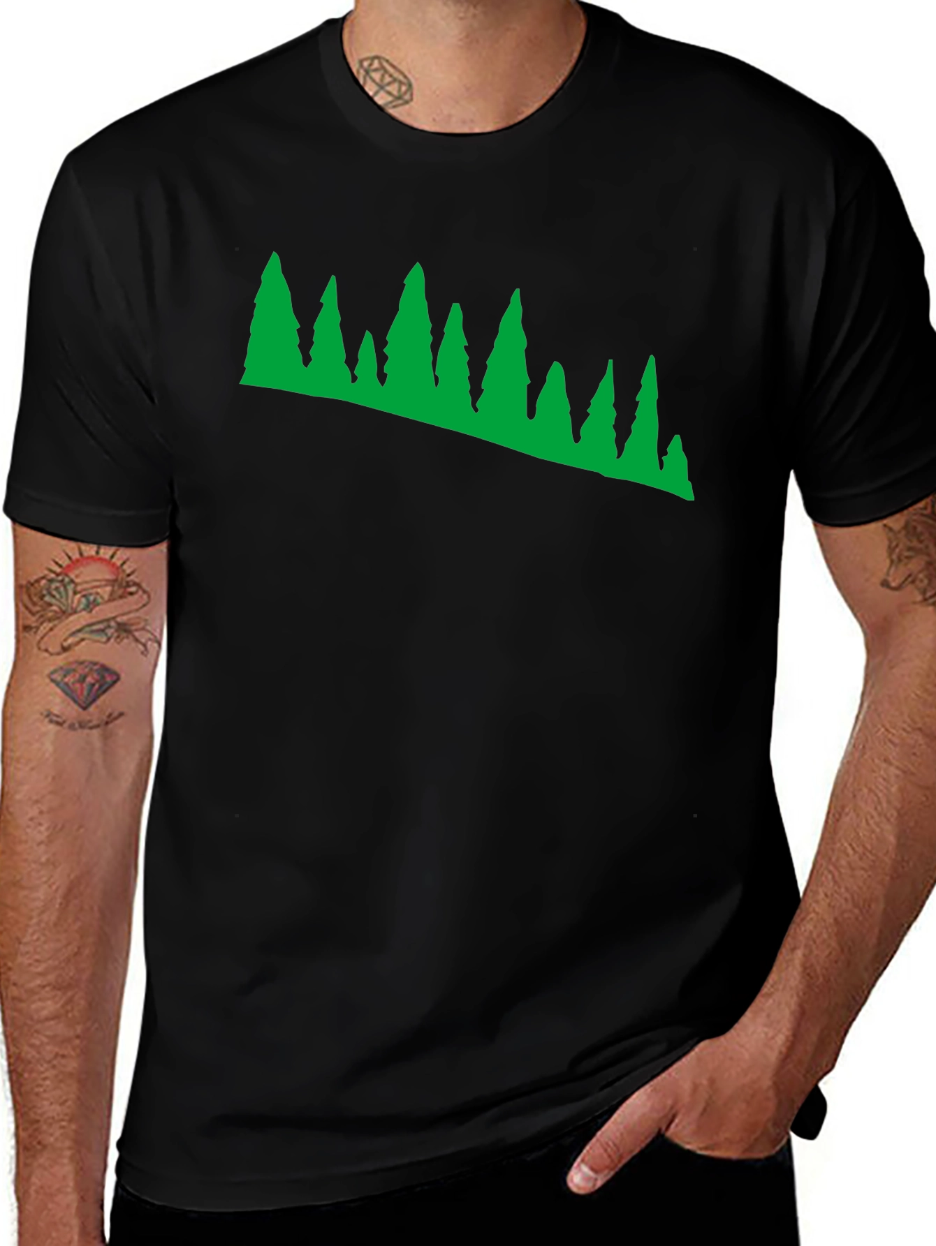 Green Trees Graphic Print Black T-Shirt