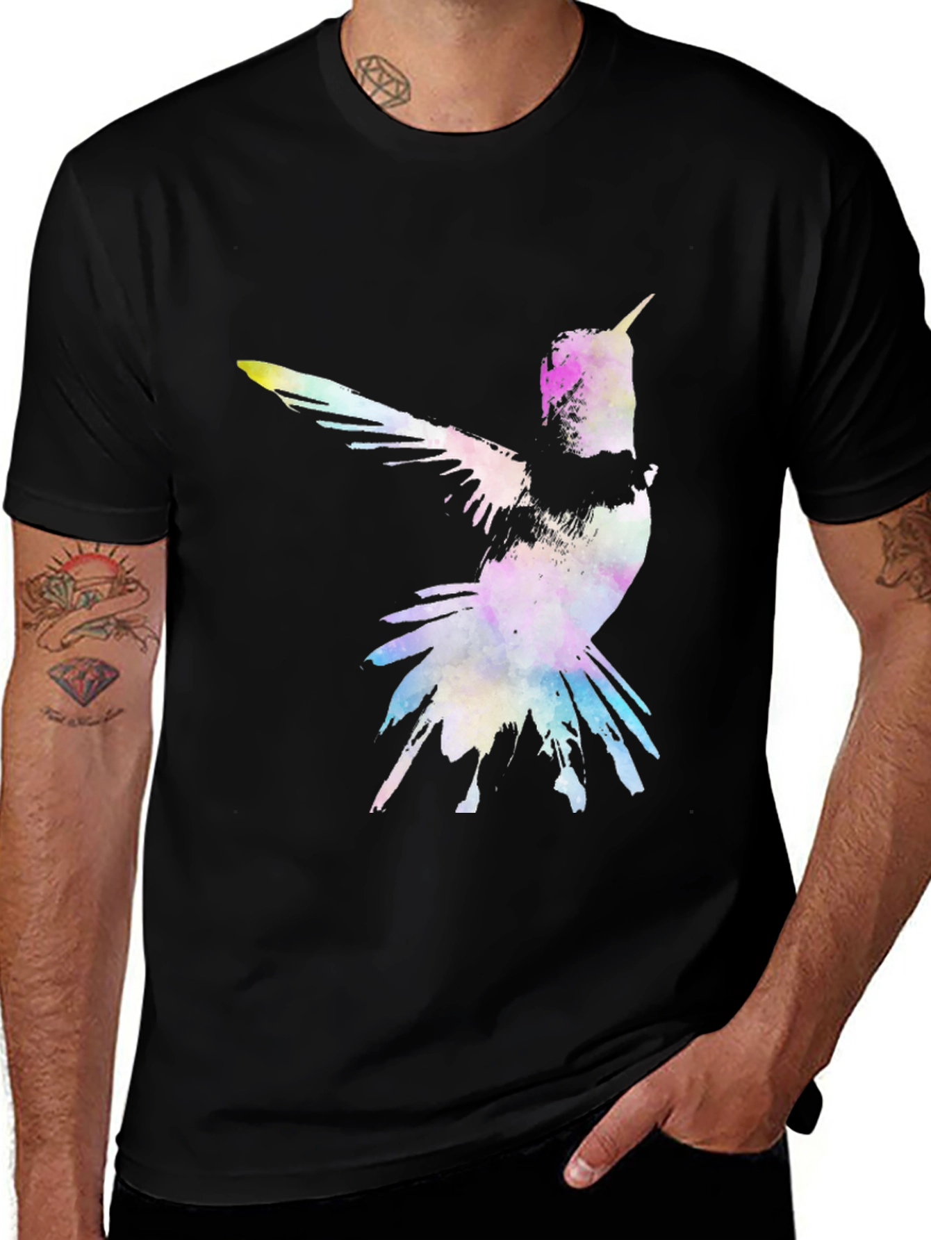 Variant 21 of Hummingbird Watercolor Print Black T-Shirt