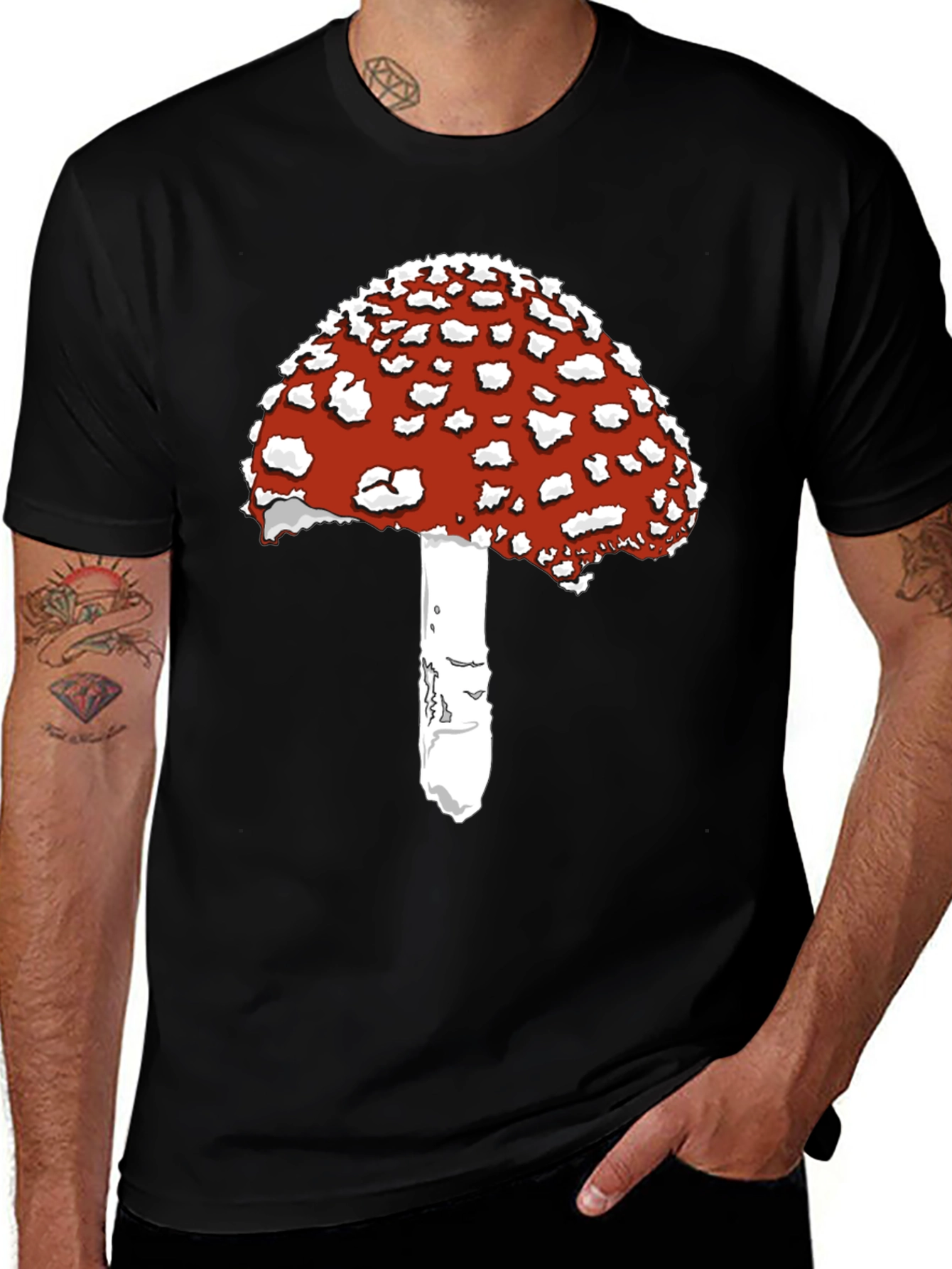 Variant 19 of Amanita Mushroom Graphic Tee - Black Cotton T-Shirt