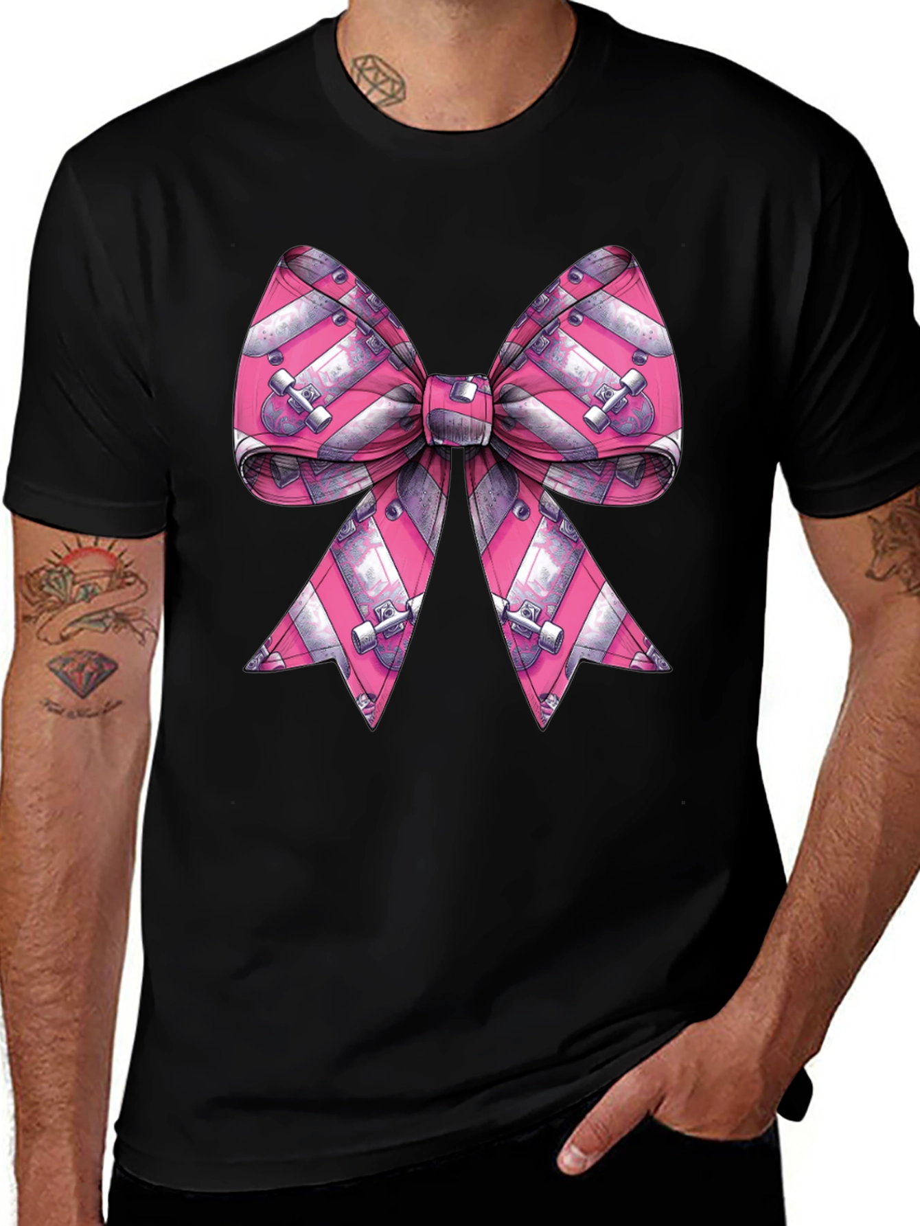 Skateboard Bow Graphic Tee - Black Cotton Blend