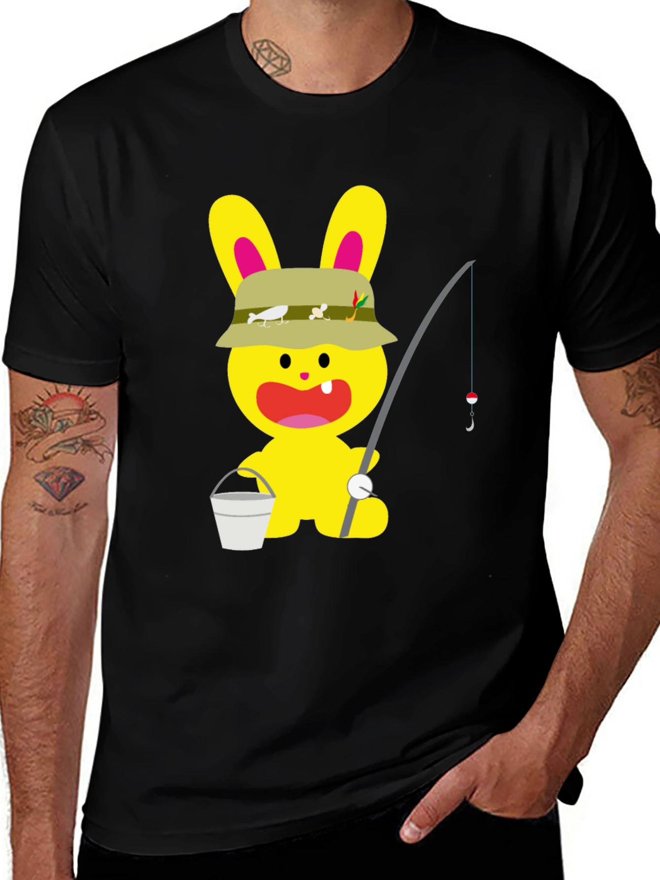 Variant 13 of Cartoon Bunny Fisherman Black T-Shirt