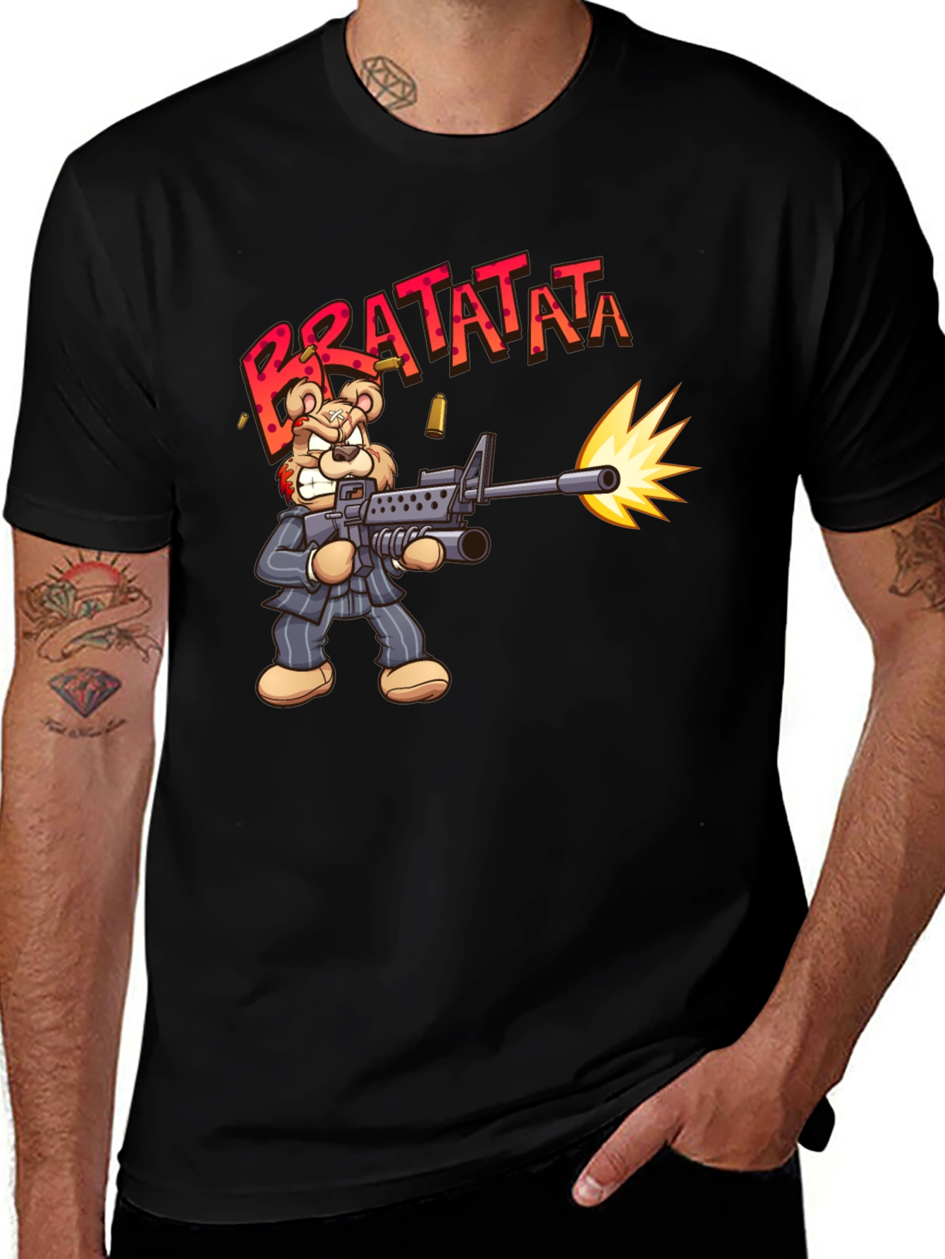 Cartoon Bear Bratatata Graphic Black T-Shirt