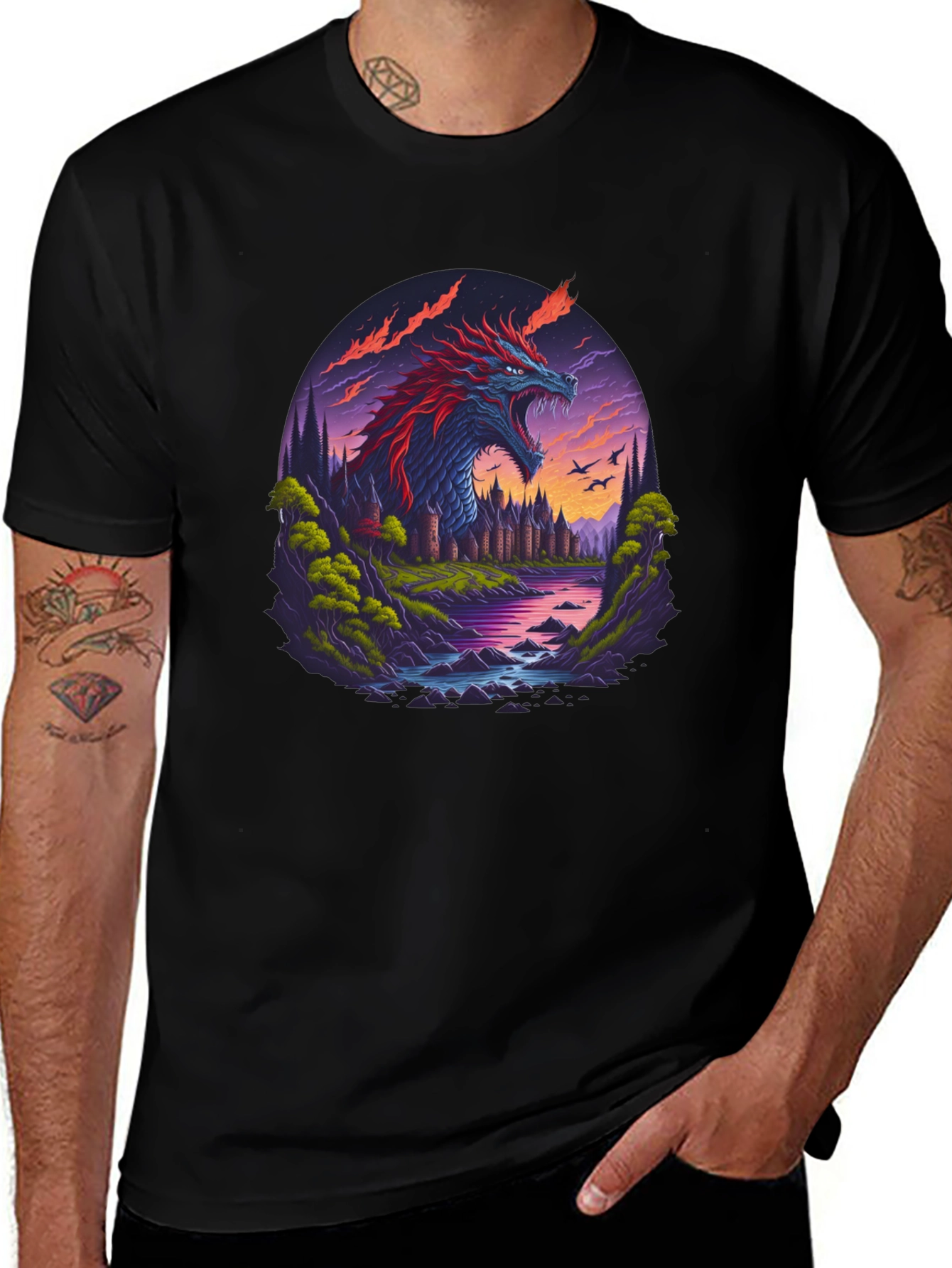 Variant 21 of Dragon Castle Graphic Print Black T-Shirt