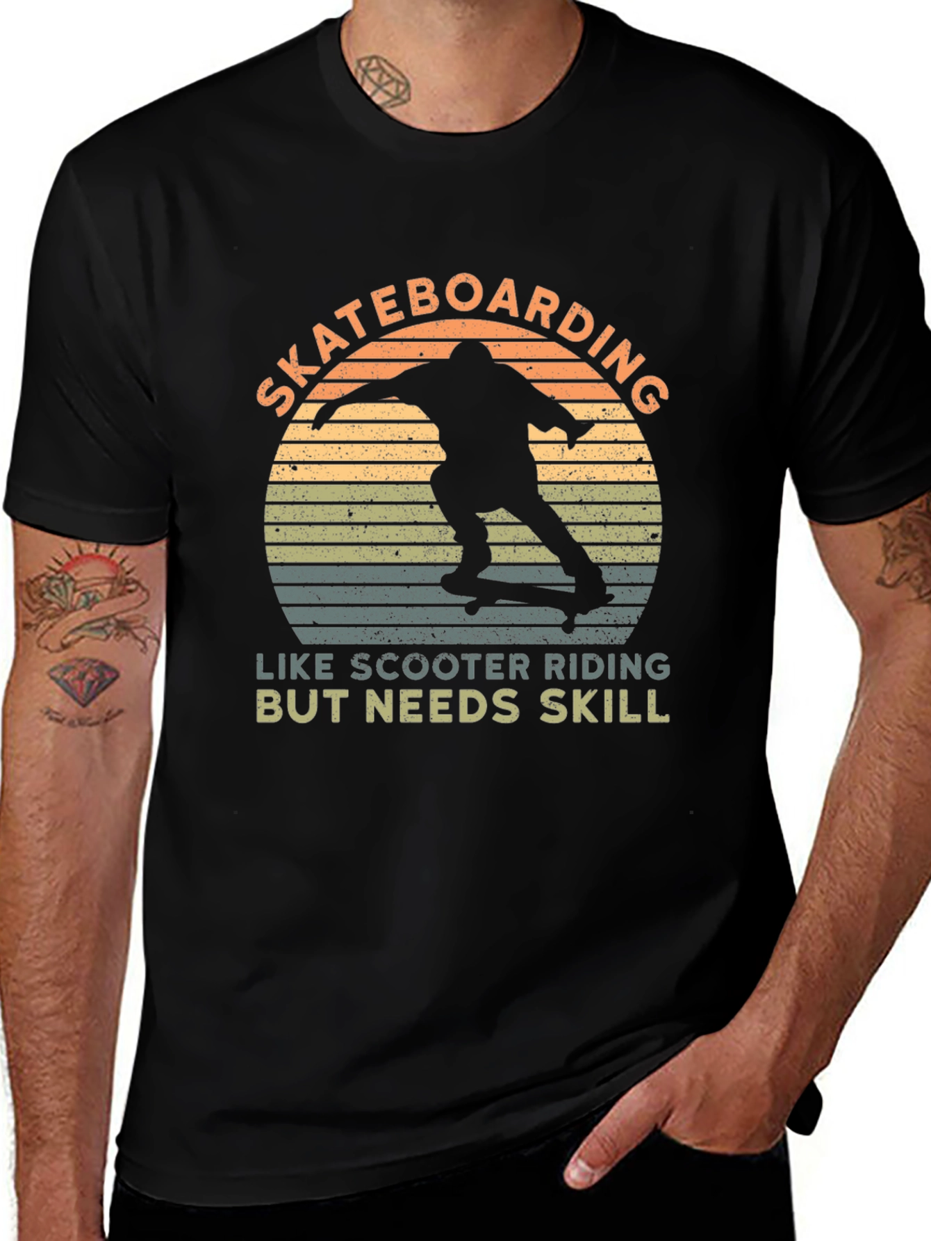 Black Skateboarding T-Shirt - Like Scooter Riding, But Needs Skill main image