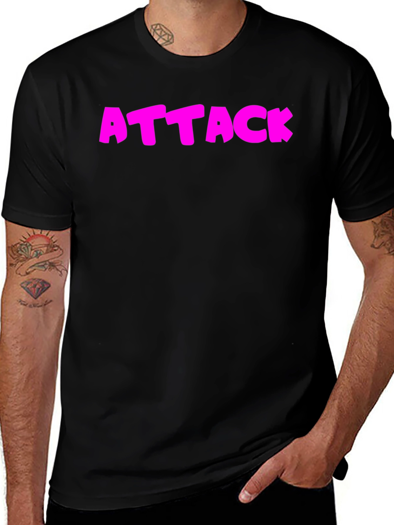 Variant 25 of Attack Pink Text Graphic Black T-Shirt