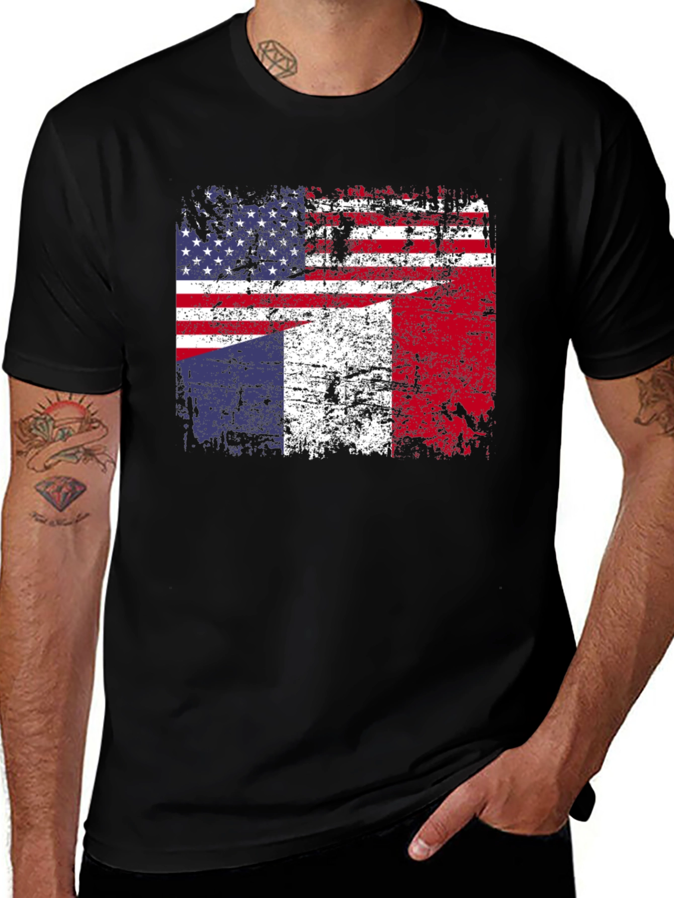 Variant 23 of USA & France Flag Graphic T-Shirt - Distressed Design