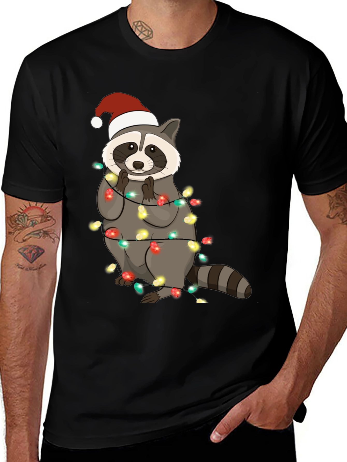 Variant 12 of Christmas Raccoon Lights Men's Black T-Shirt