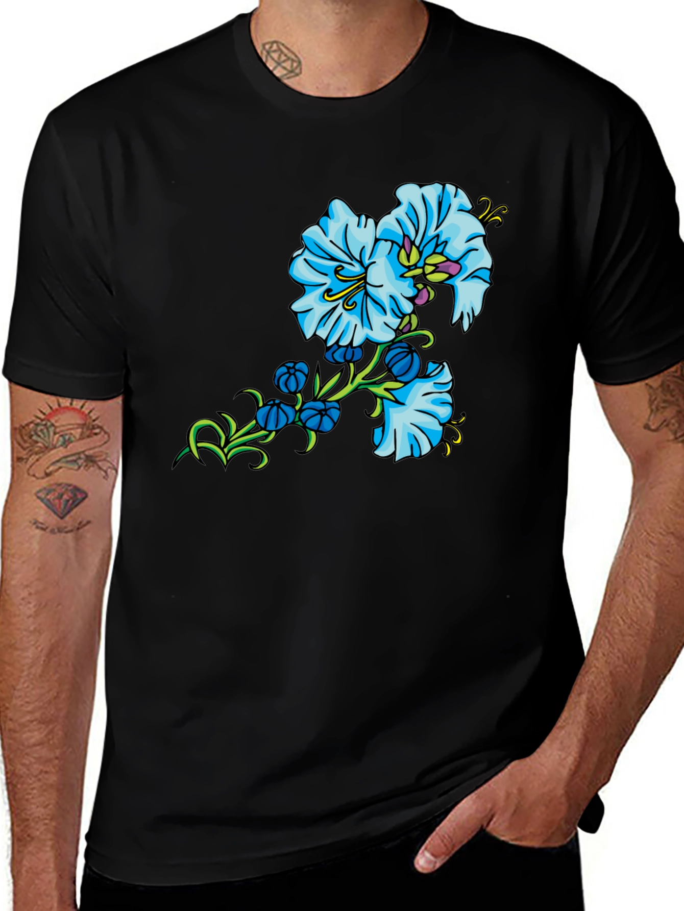 Variant 5 of Black T-shirt with Blue Flower Design