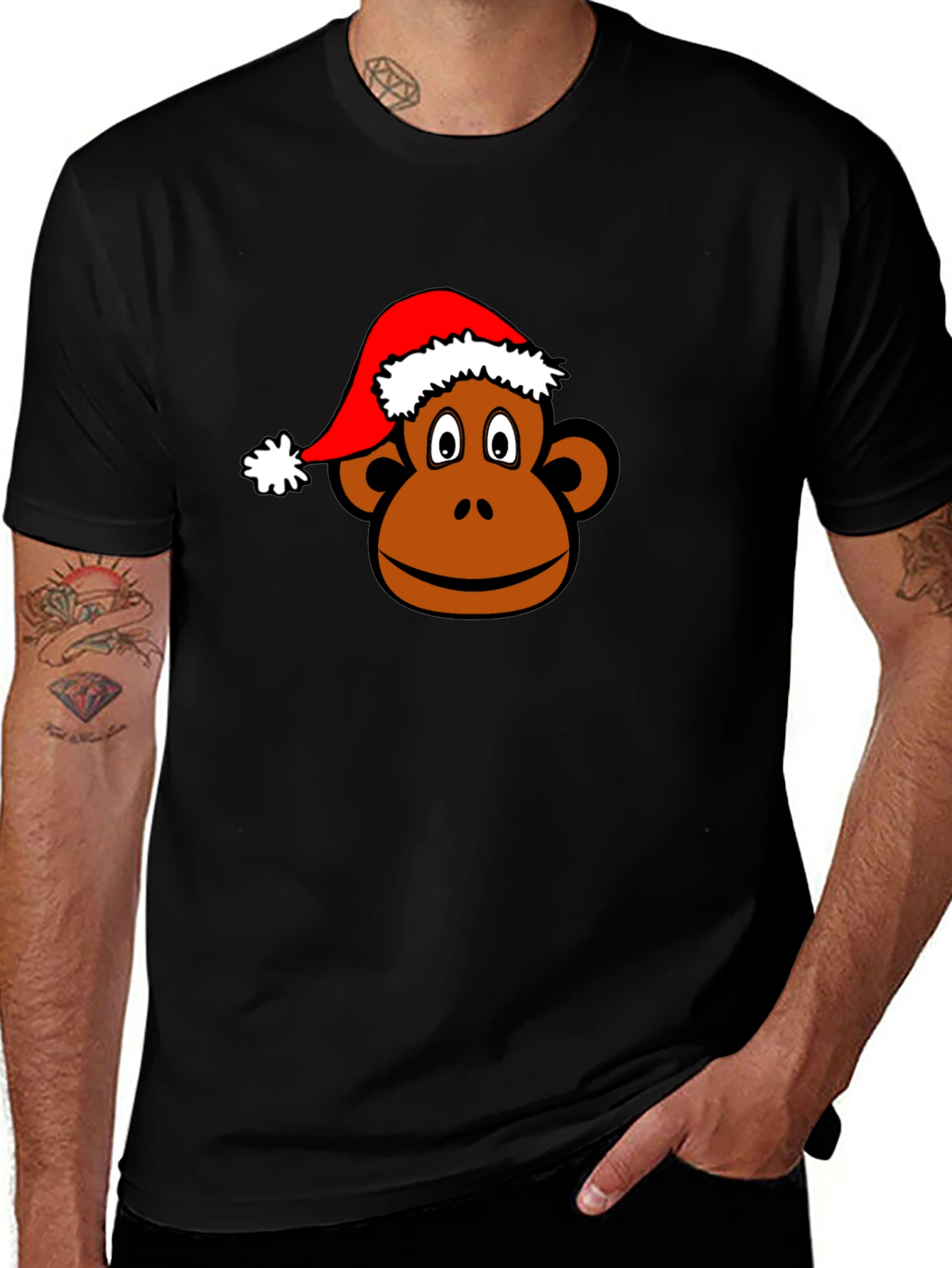 Variant 23 of Monkey Face with Santa Hat Black T-Shirt