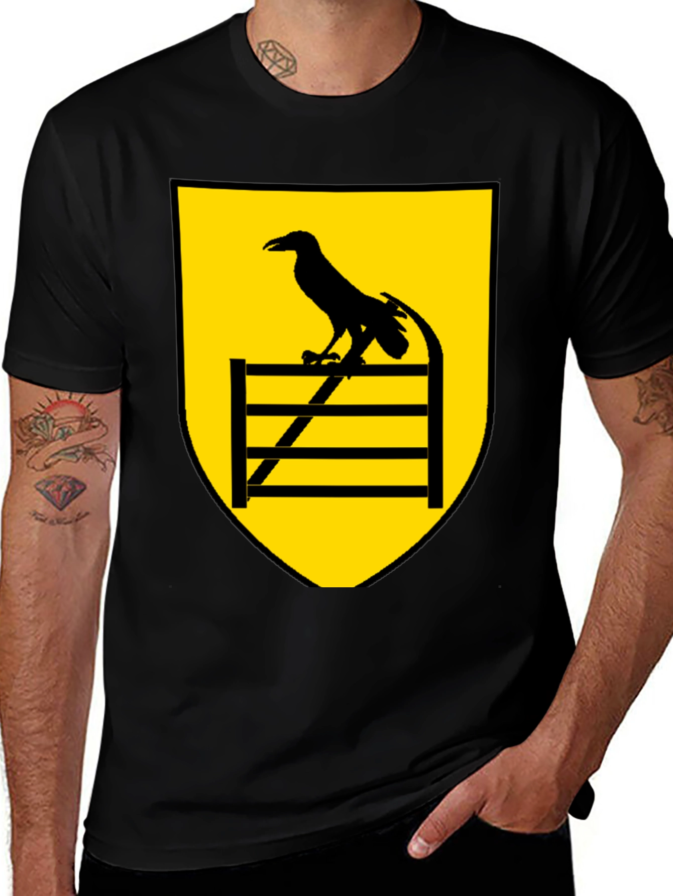 Variant 7 of Raven Perched on Fence Black Tee
