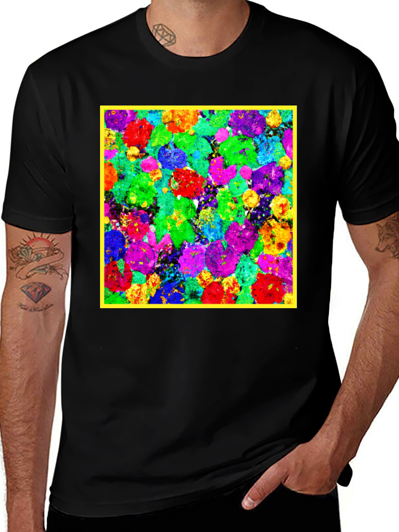 Variant 30 of Vibrant Abstract Floral Print Black Cotton T-Shirt