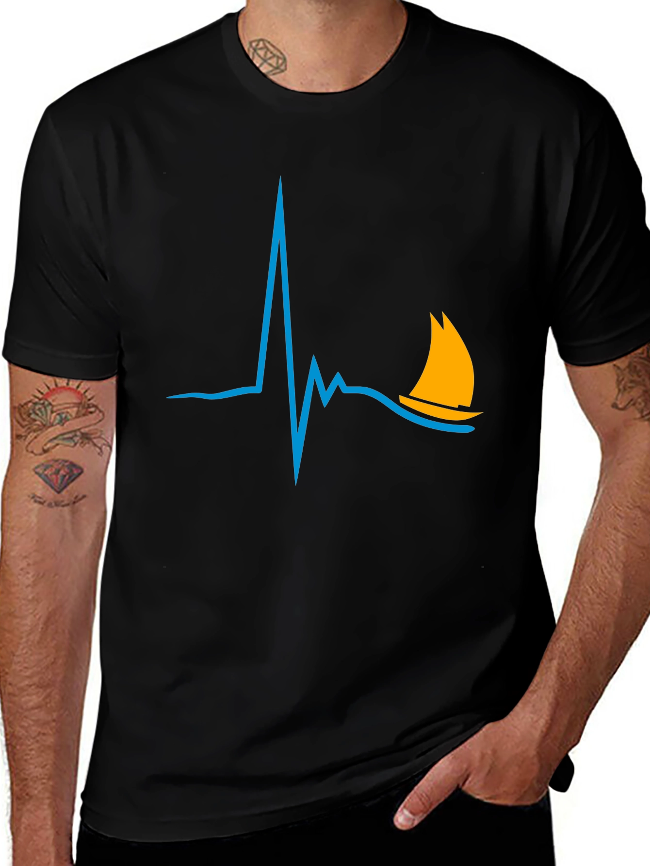 Variant 29 of Sailboat Heartbeat Graphic Tee - Stylish Black T-Shirt