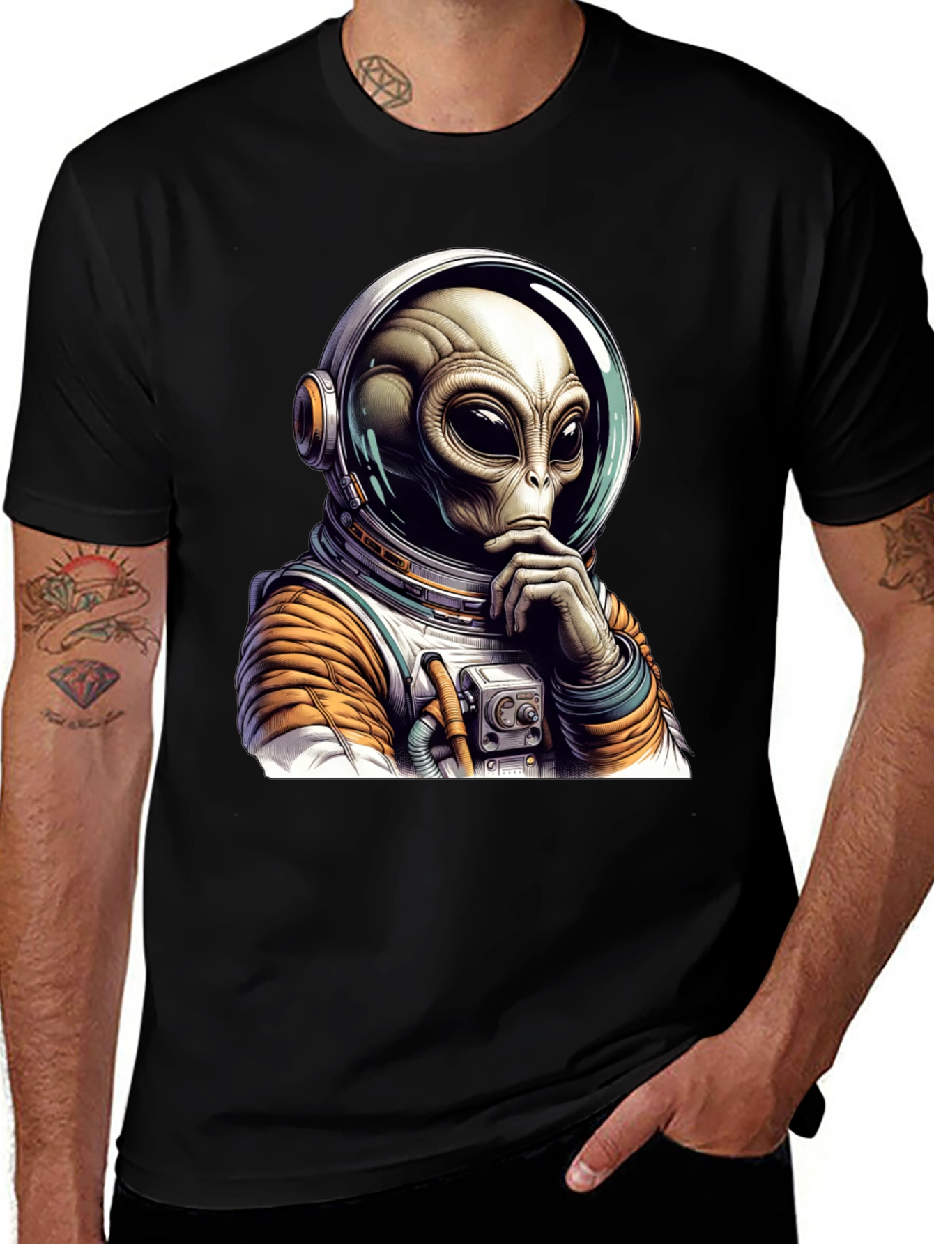 Variant 23 of Alien Astronaut Graphic Tee - Black Cotton Blend