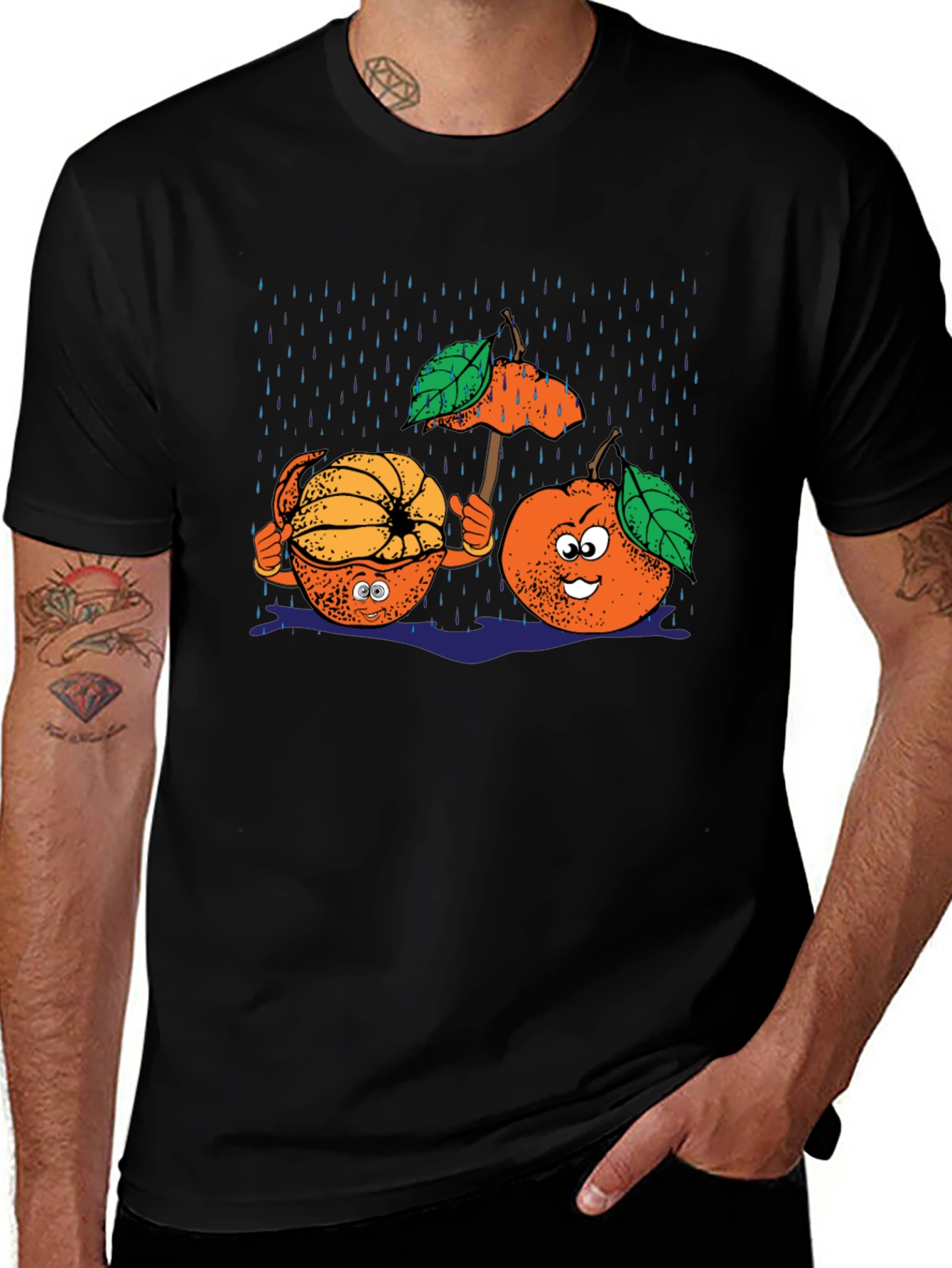 Variant 19 of Funny Orange Fruits Rainy Day Black T-Shirt