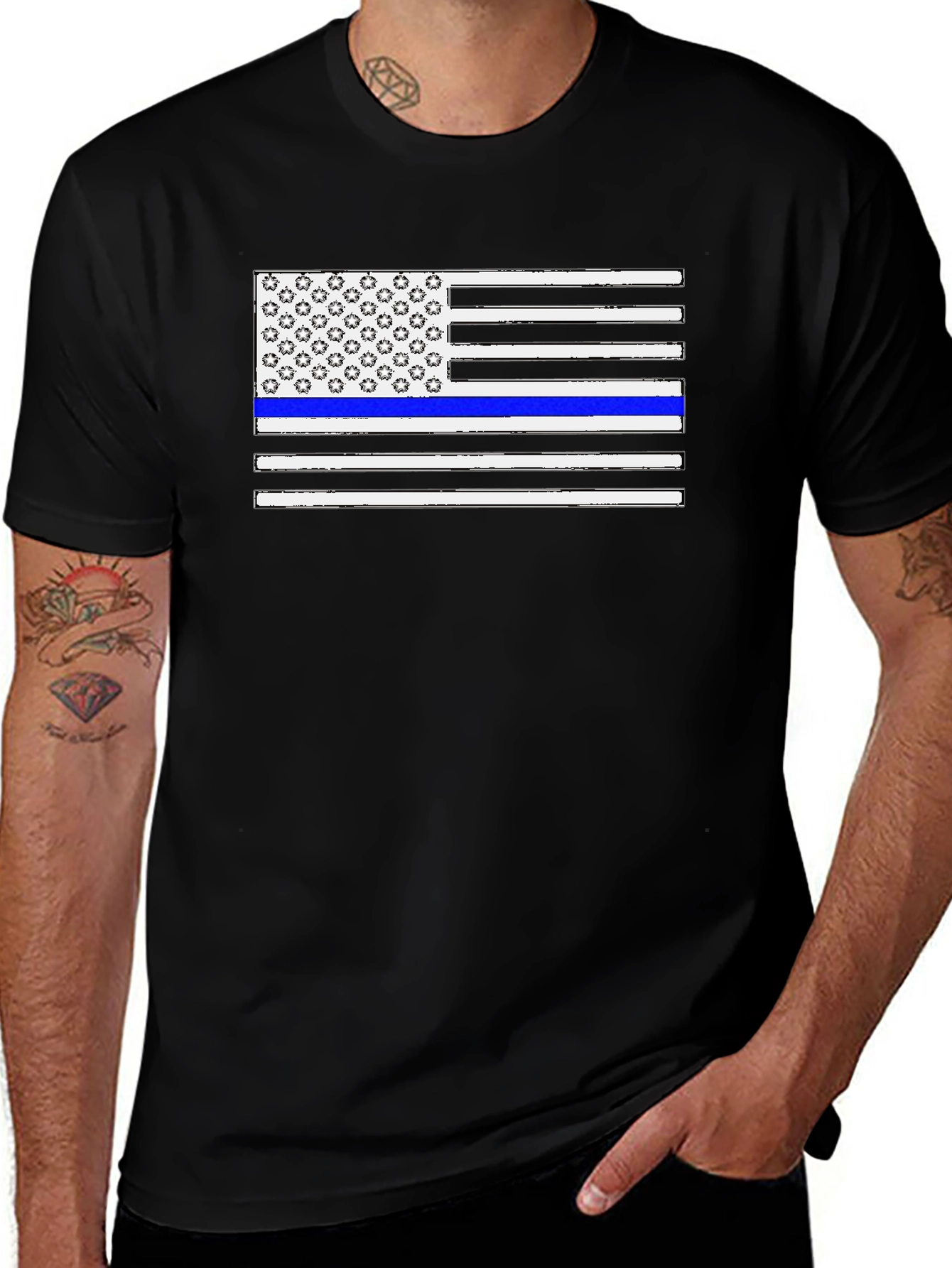 Thin Blue Line American Flag Black T-Shirt