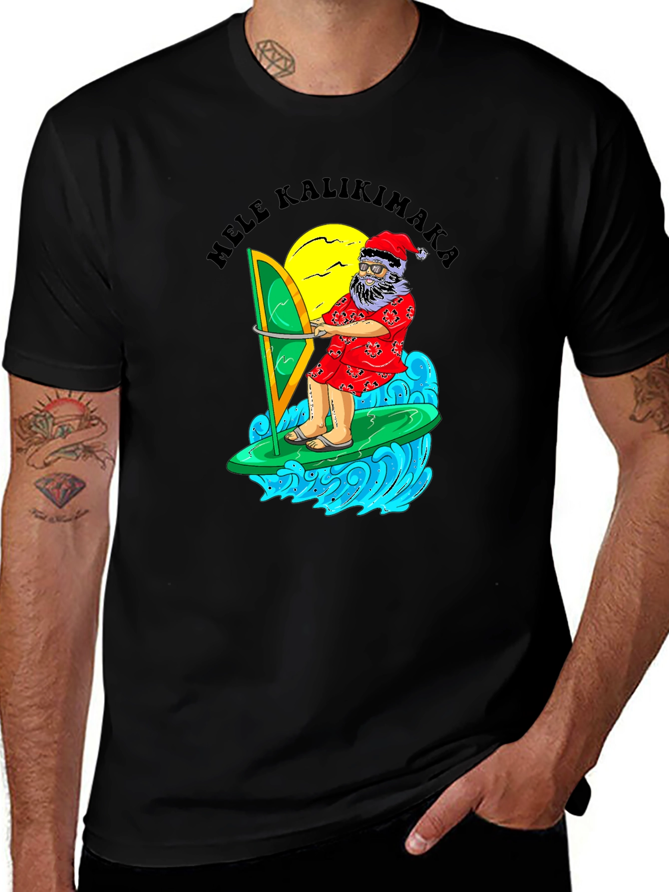 Variant 25 of Mele Kalikimaka Santa Surfing Graphic Tee