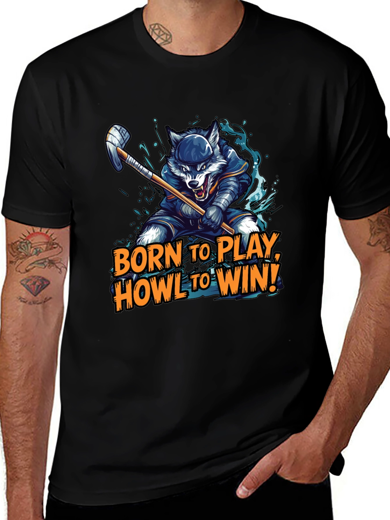 Variant 28 of Born To Play Wolf Hockey Graphic Tee