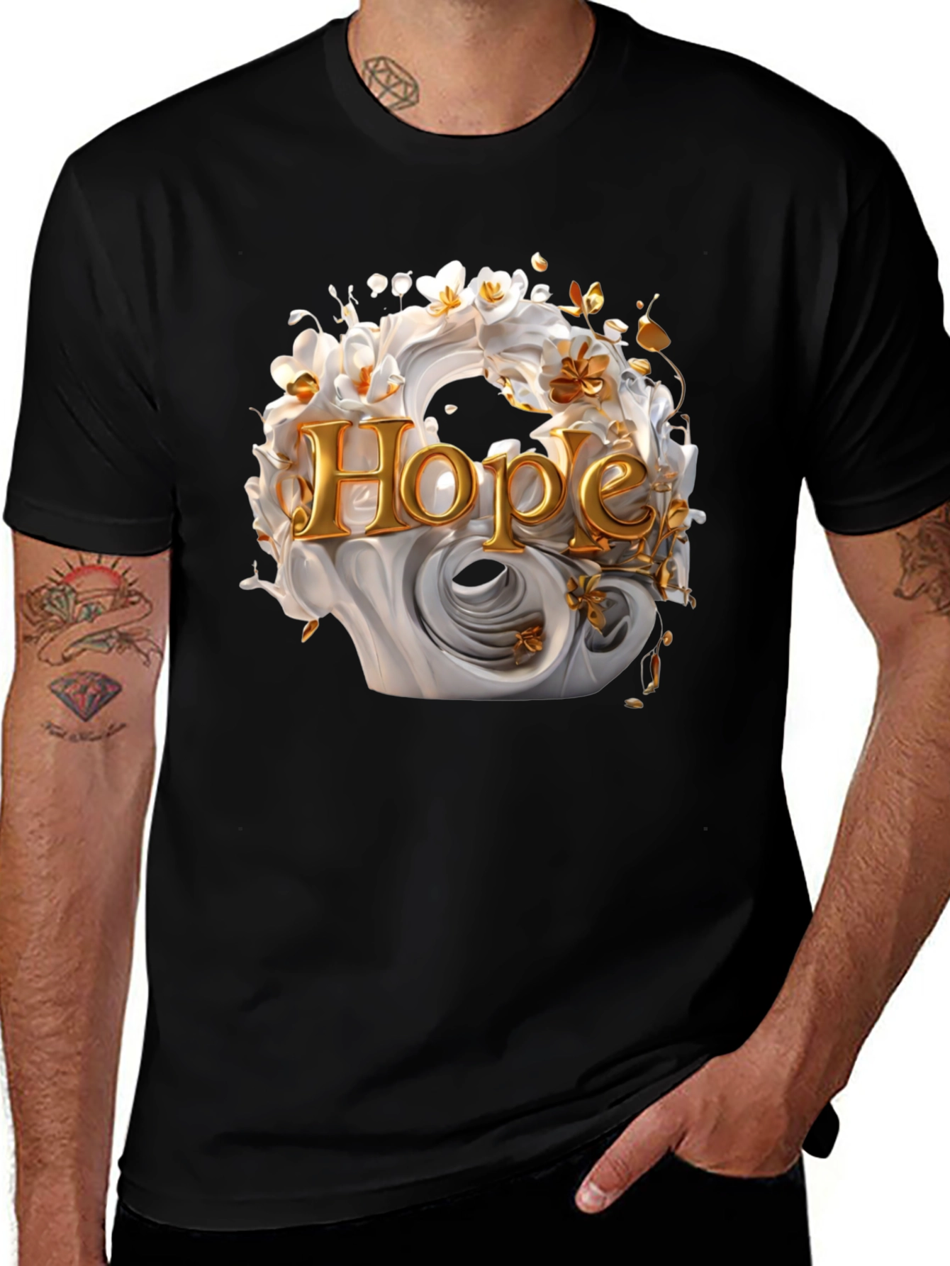 Black Hope Floral Graphic Tee - Elegant Black Cotton T-Shirt main image